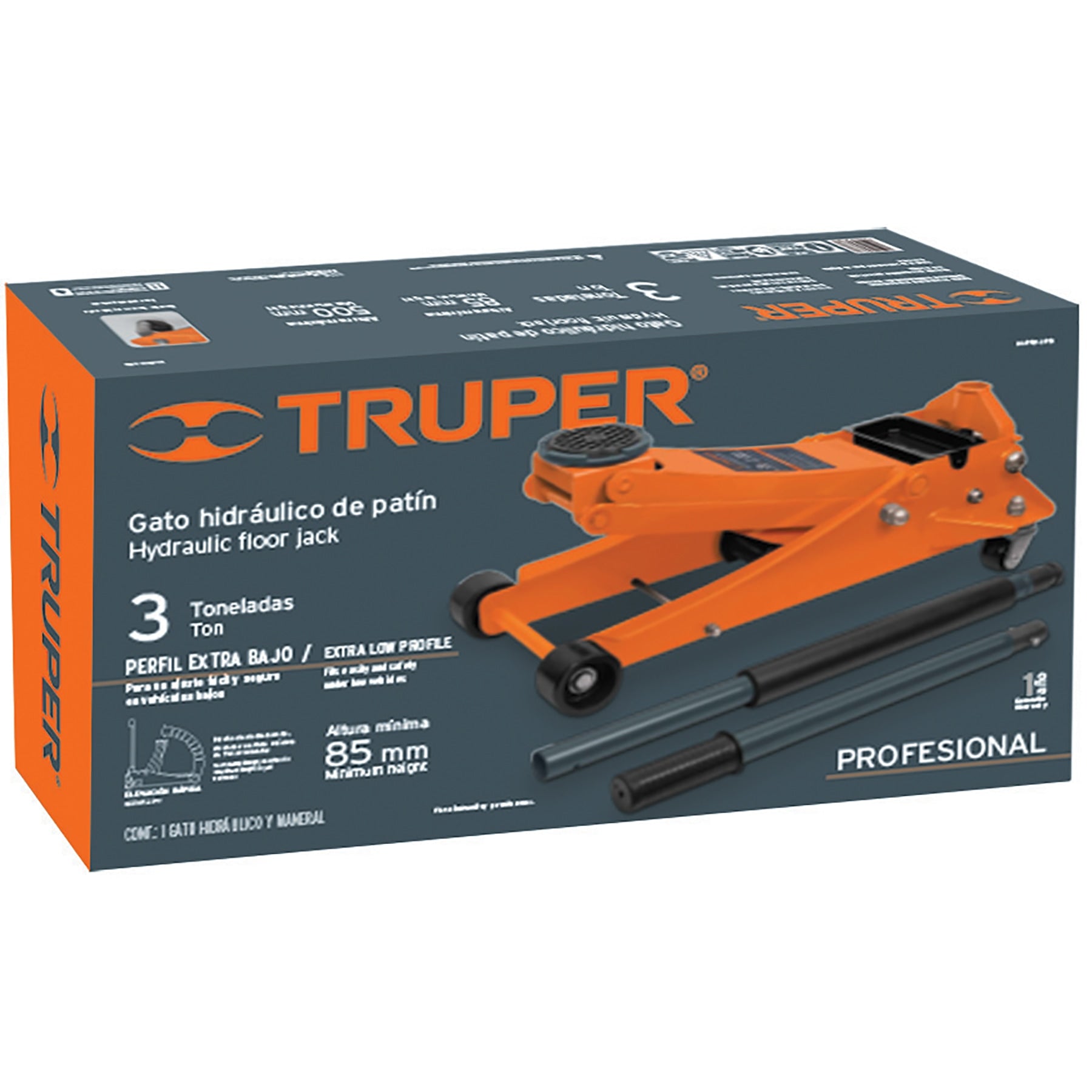 Truper GAPRO-3PB Gato hidráulico profesional de patín, 3 ton, elevación rápida