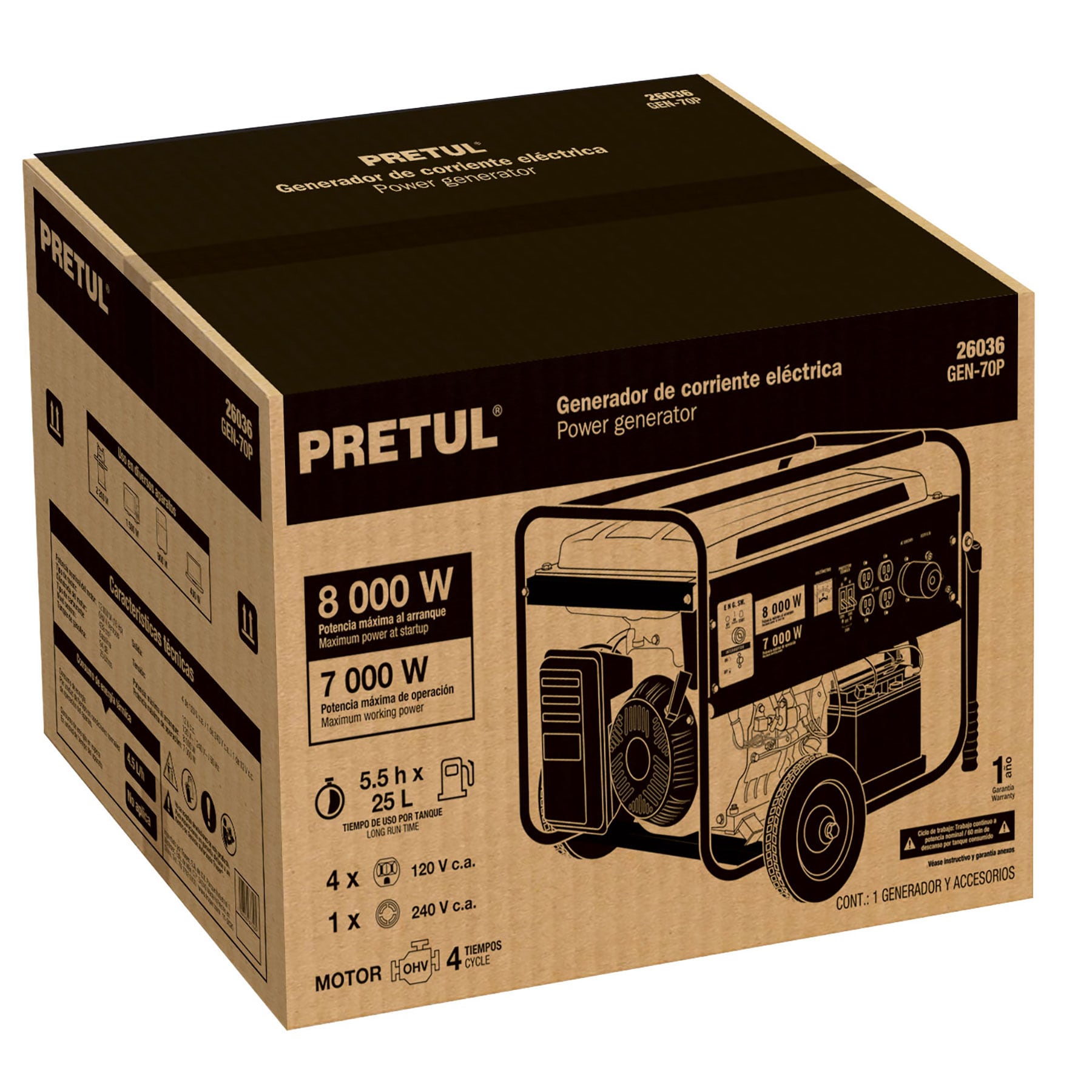 Pretul GEN-70P Generador eléctrico con motor a gasolina, 8 kW, Pretul