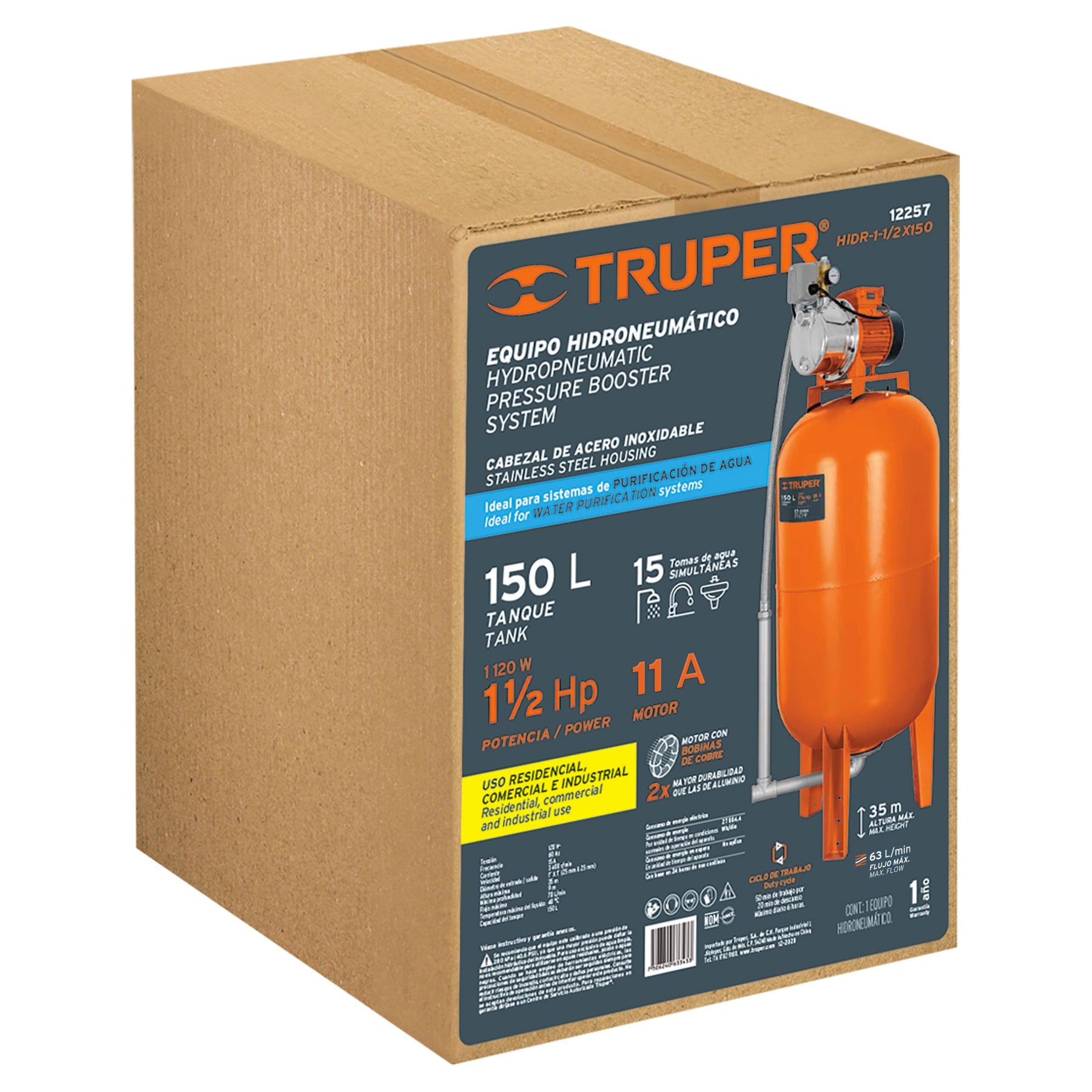 Truper HIDR-1-1/2X150 Bomba hidroneumática 1-1/2 HP, 150 litros