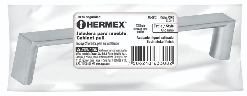 Hermex JAL-0912 Jaladera, niquel satinado, estilo Andamio, 128 mm