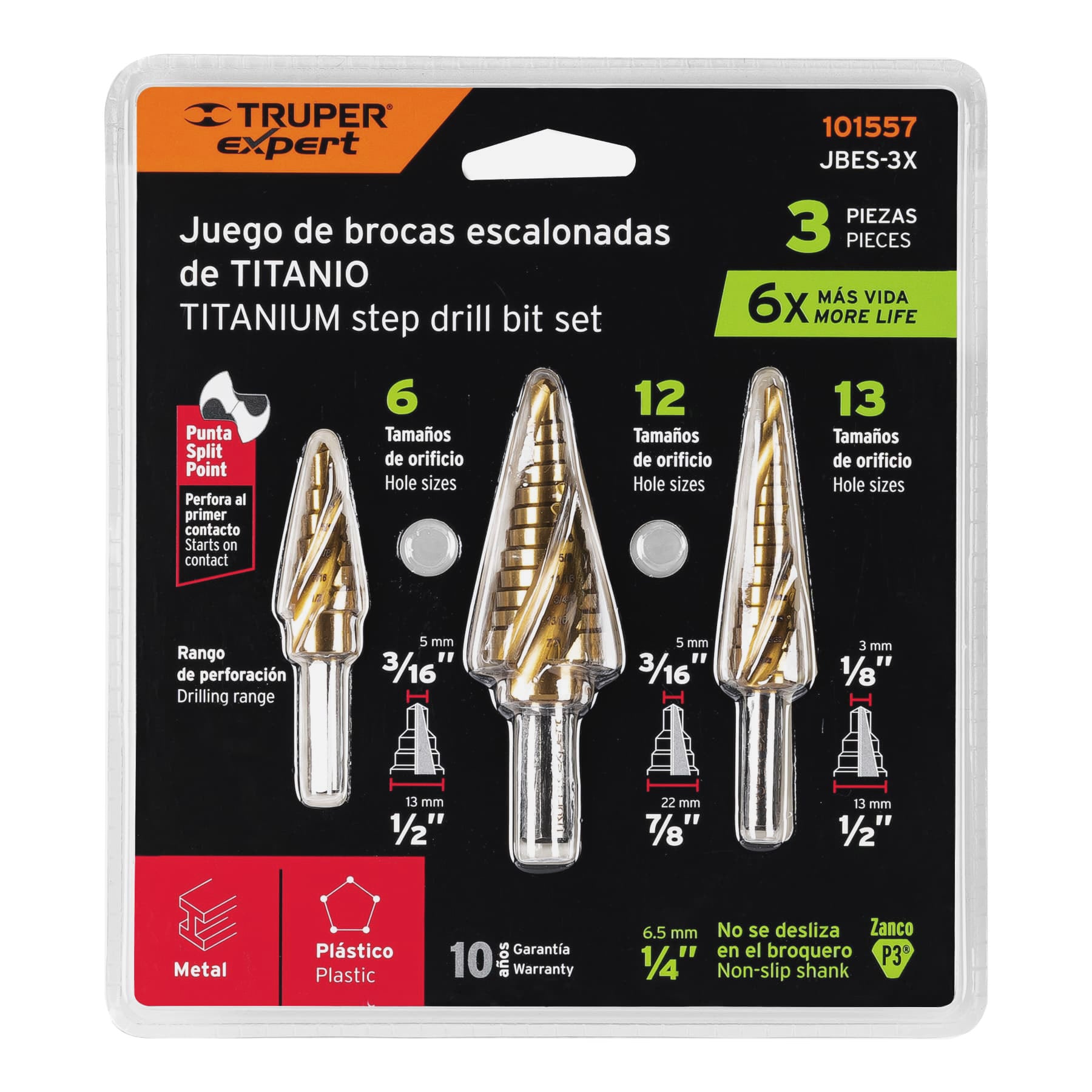 Juego de 3 Brocas Escalonadas de Titanio y Cobalto - Truper Expert JBES-3X