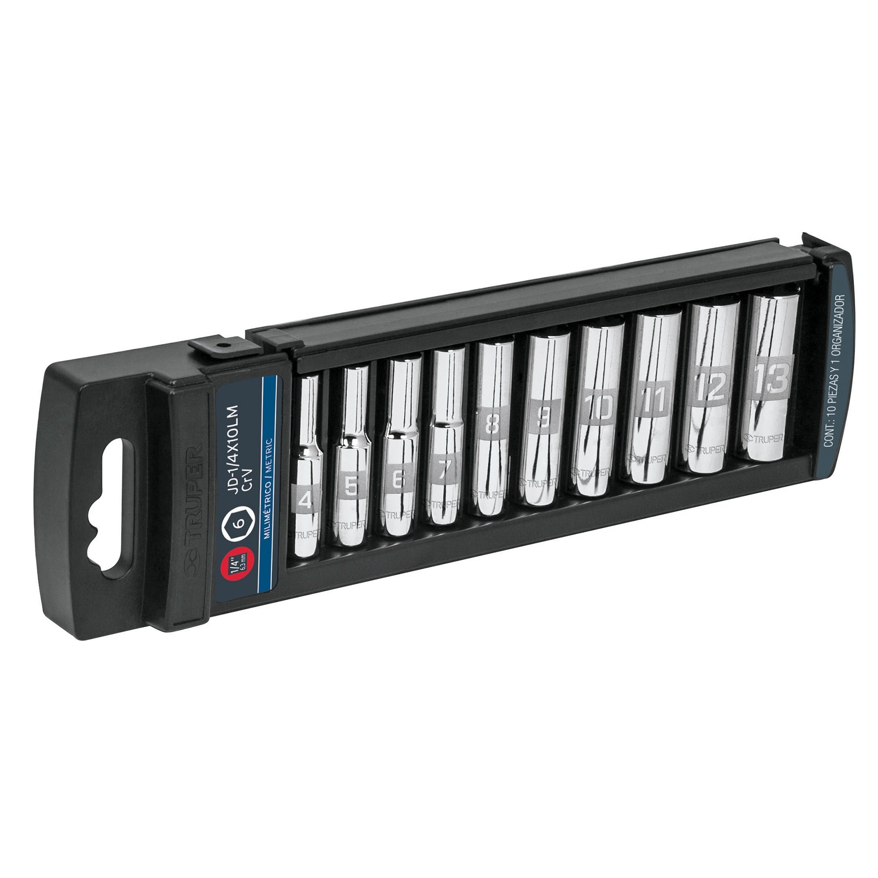 Truper JD-1/4X10LM Juego de dados largos, cuadro 1/4', 10 piezas, milimétricos