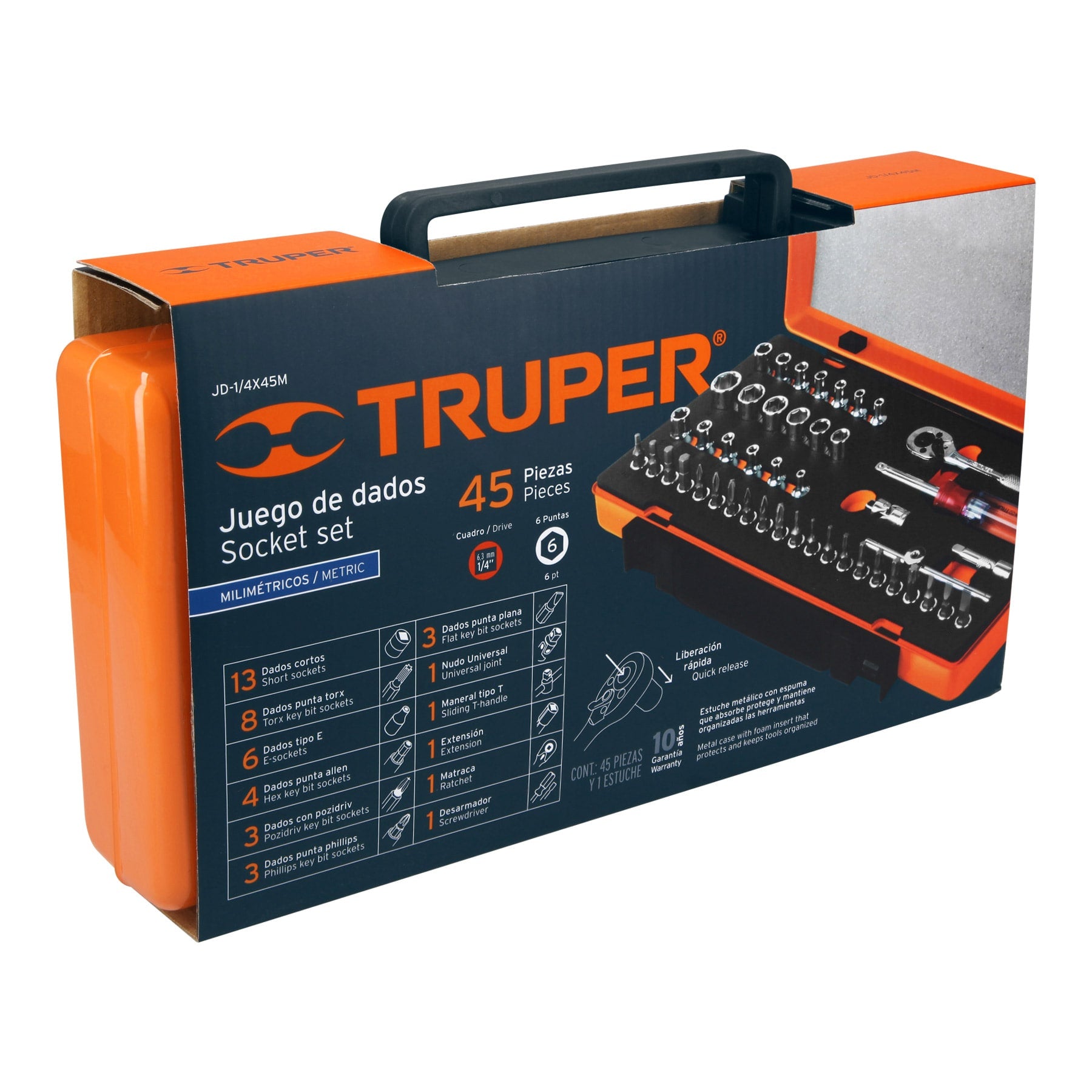 Truper JD-1/4X45M Juego de herramienta para mecánico, mm, 45 piezas