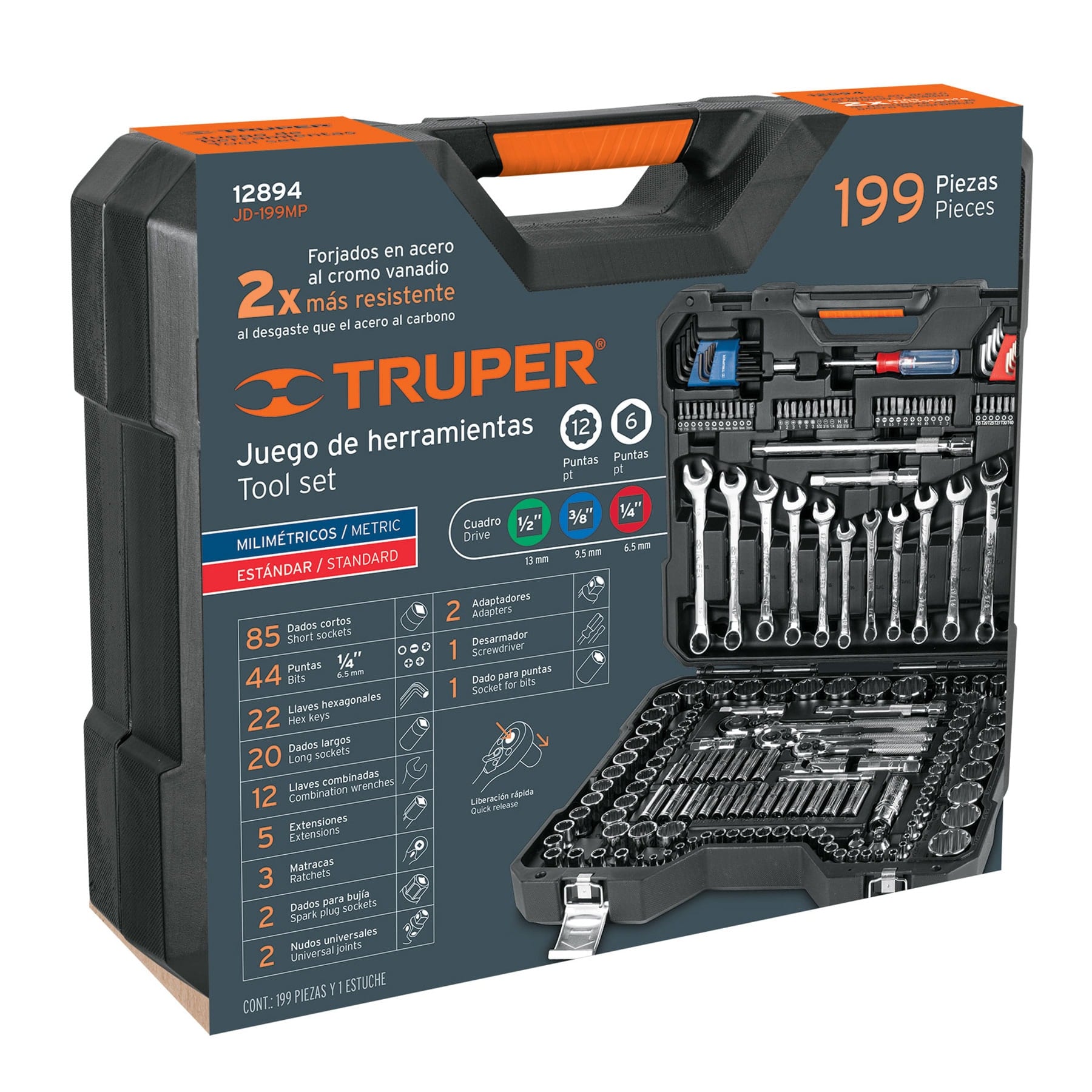 Truper JD-199MP Juego de herramienta para mecánico, mixto, 199 piezas