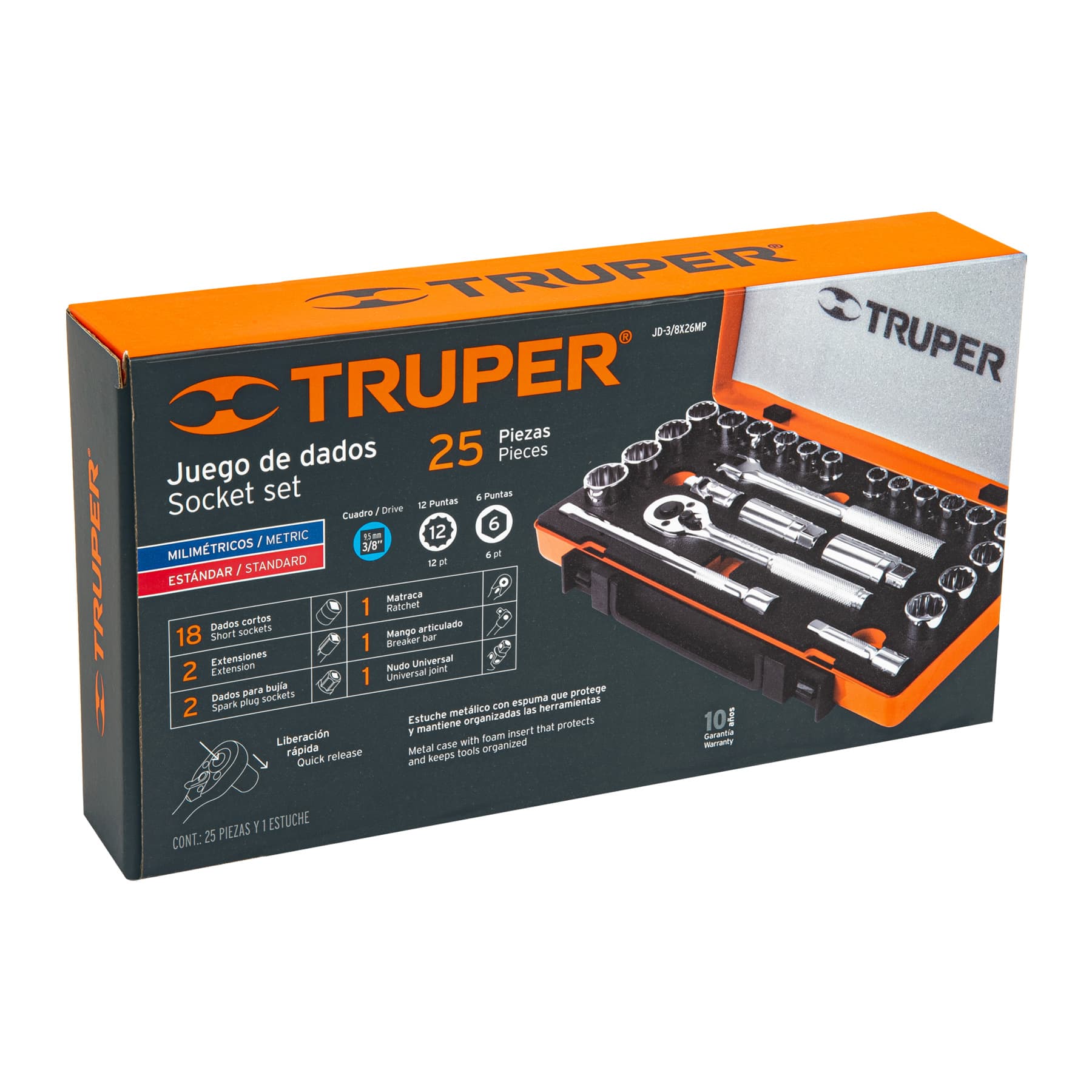Truper JD-3/8X26MP Juego de herramienta para mecánico, mixto, 3/8', 25 piezas