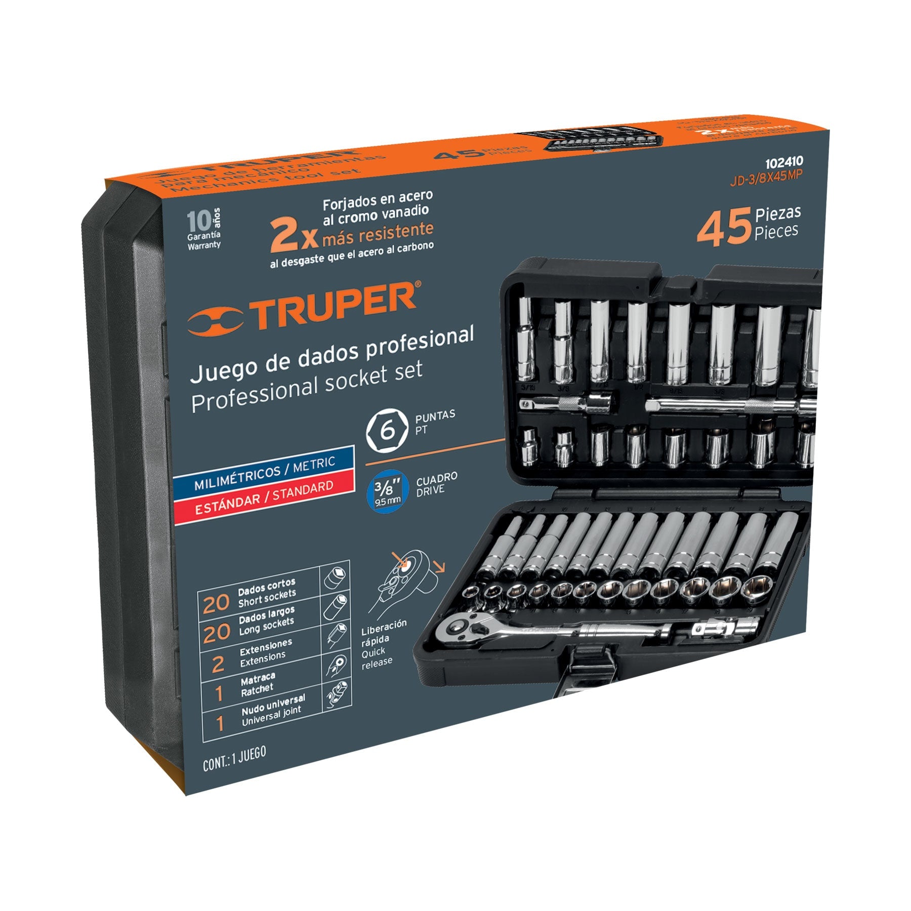 Juego de Herramientas para Mecánico 45 Piezas (Std y mm) - Truper JD-3/8X45MP