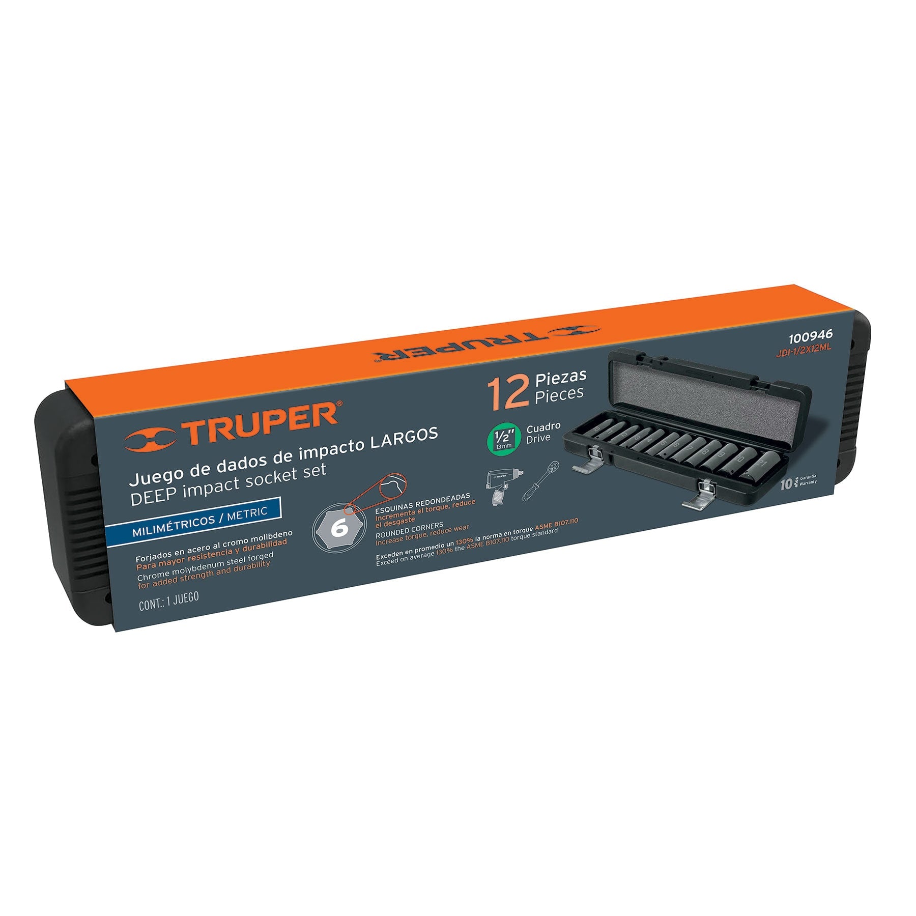 Juego de 12 Dados Largos de Impacto 1/2" (Métrico) - Truper JDI-1/2X12ML