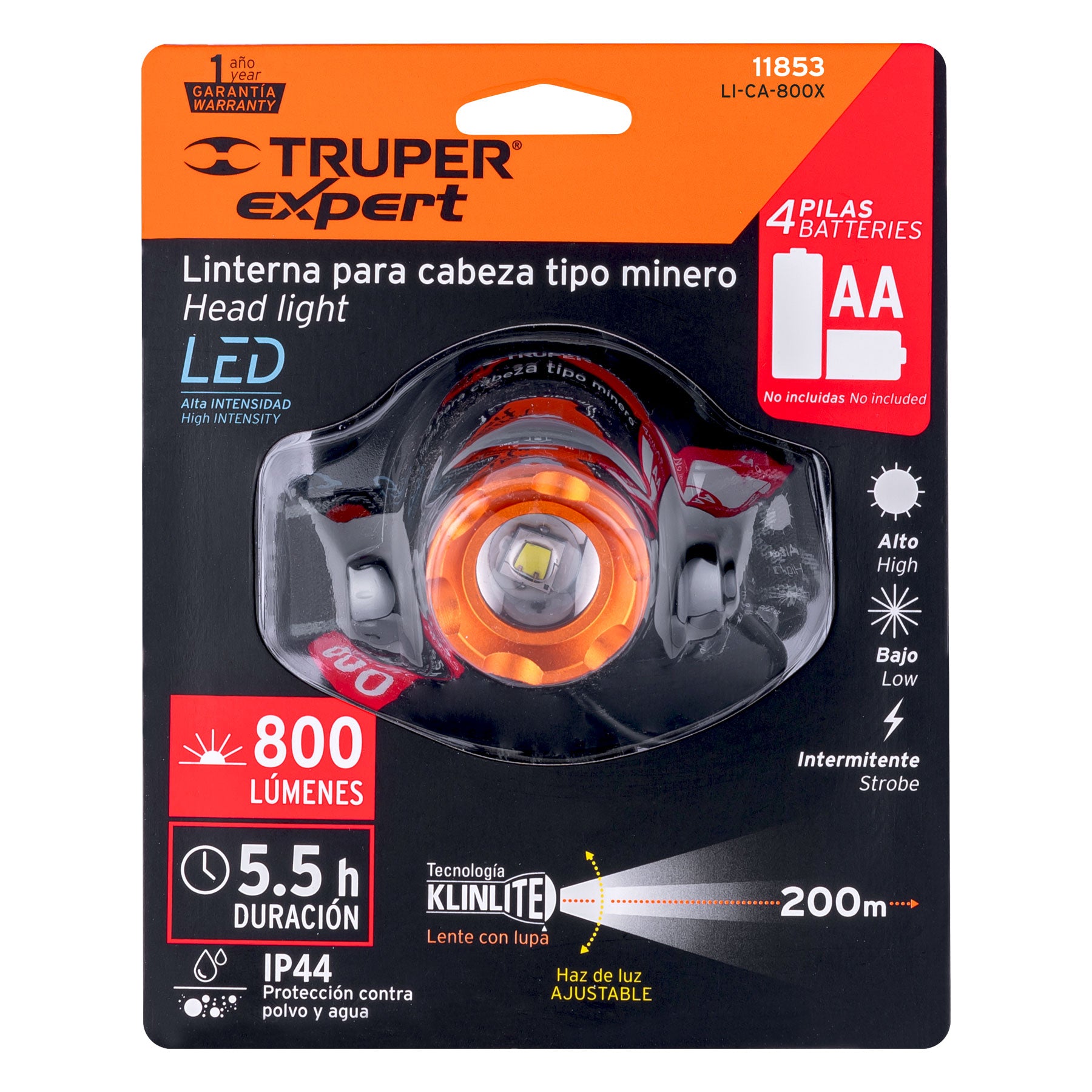 Expert LI-CA-800X Linterna de minero, 800 lúmenes, 1 LED, 4 pilas AA,Expert