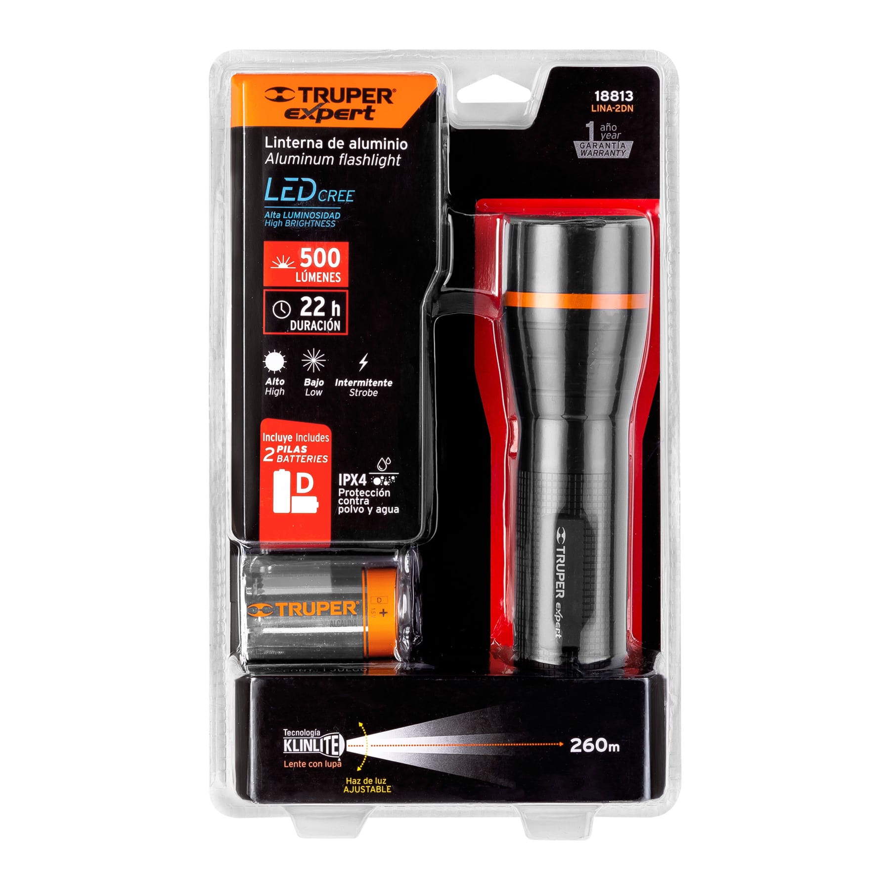 Expert LINA-2DN Linterna de aluminio, de pilas, 500 lm, LED Cree