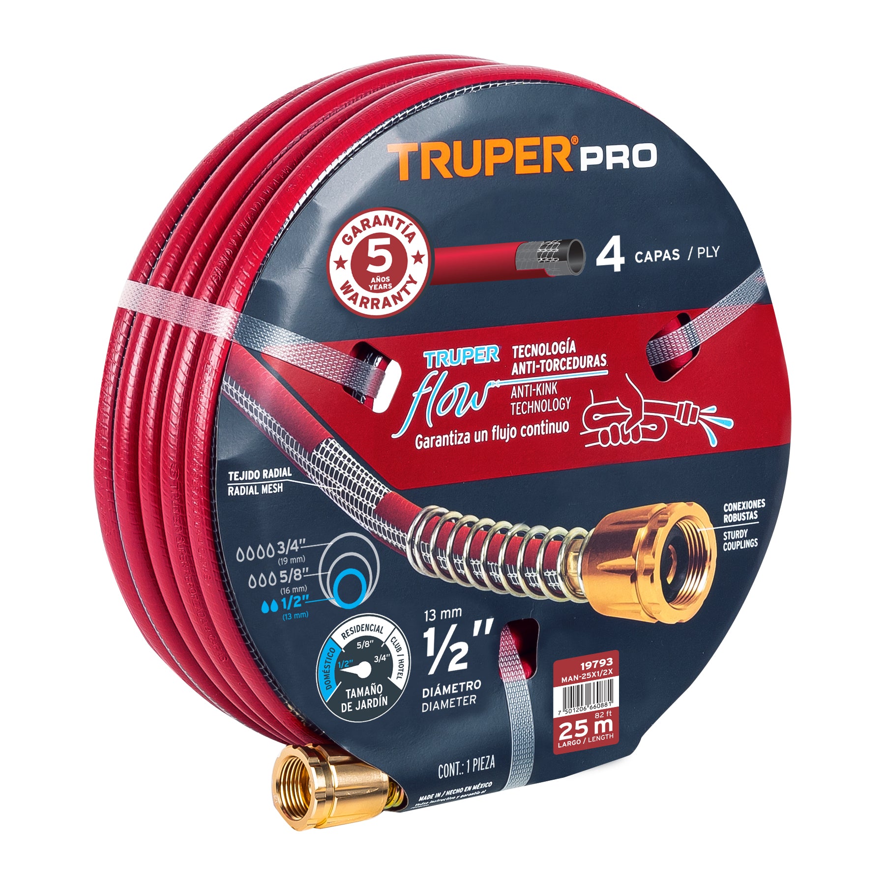 Truper MAN-25x1/2X Manguera 1/2' super reforzada 4 capas 25 m conexiones metal