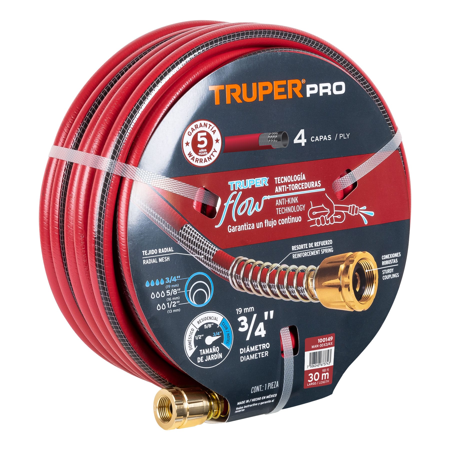 Truper MAN-30X3/4X Manguera 3/4' super reforzada 4 capas conexiones metal 30m