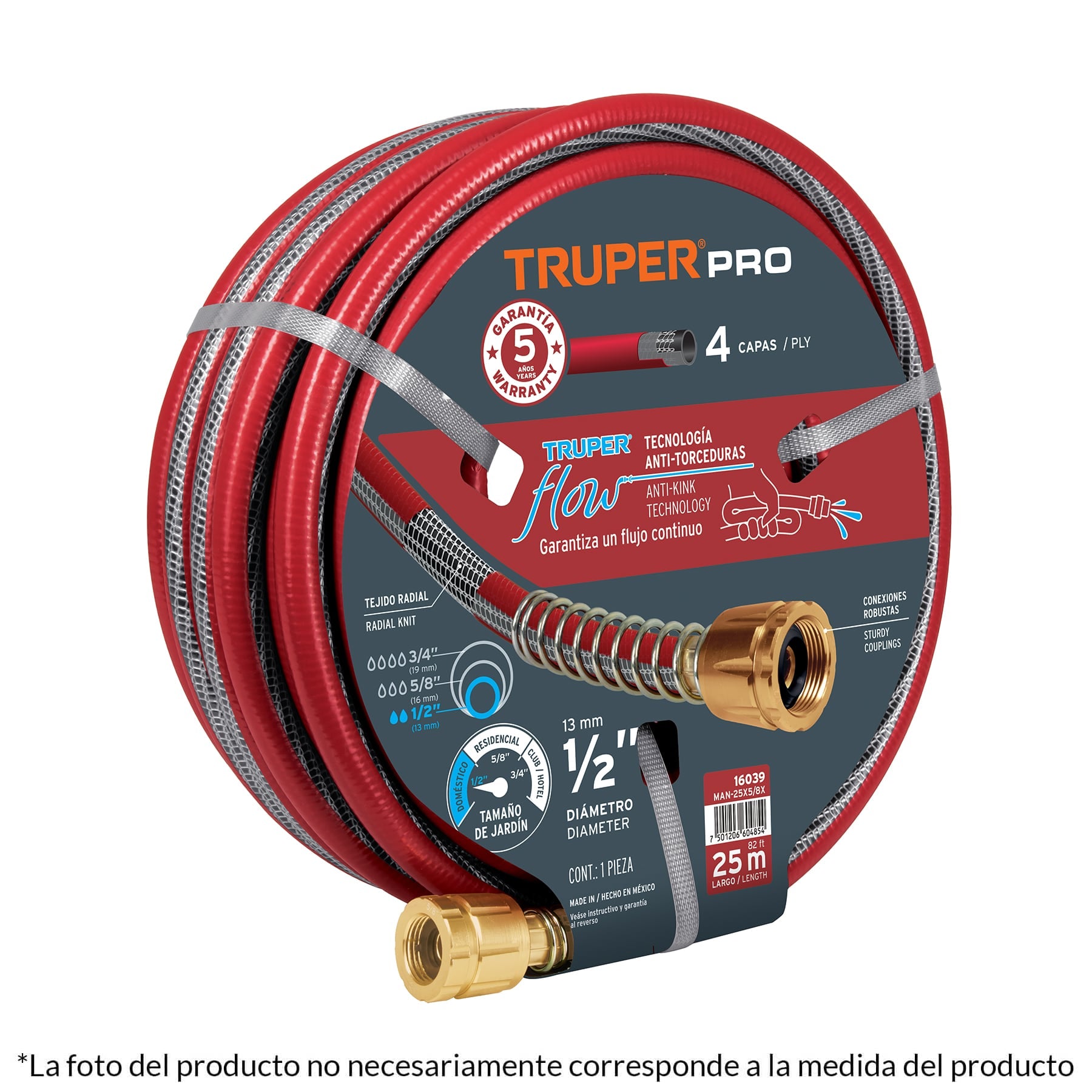 Truper MAN-30X5/8X Manguera 5/8' super reforzada 4 capas 30 m conexiones metal