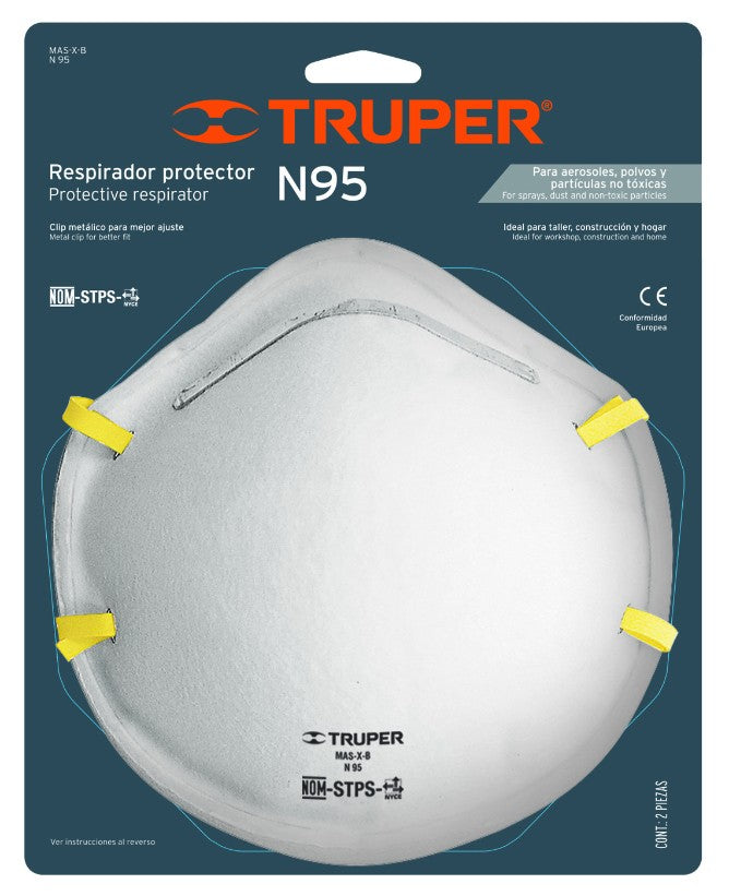 Truper MAS-X-B Respirador N95, para polvos y partículas, blíster 2 piezas