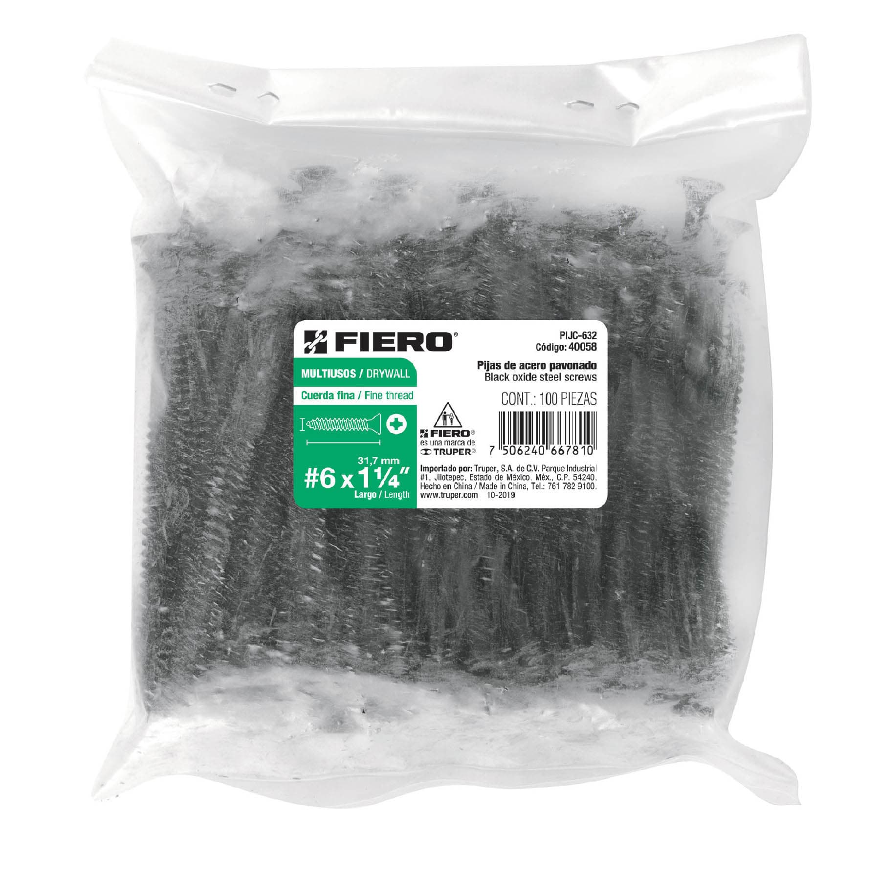 Fiero PIJC-632 Bolsa con 100 pijas #6 x 1-1/4" multiusos cuerda cerrada