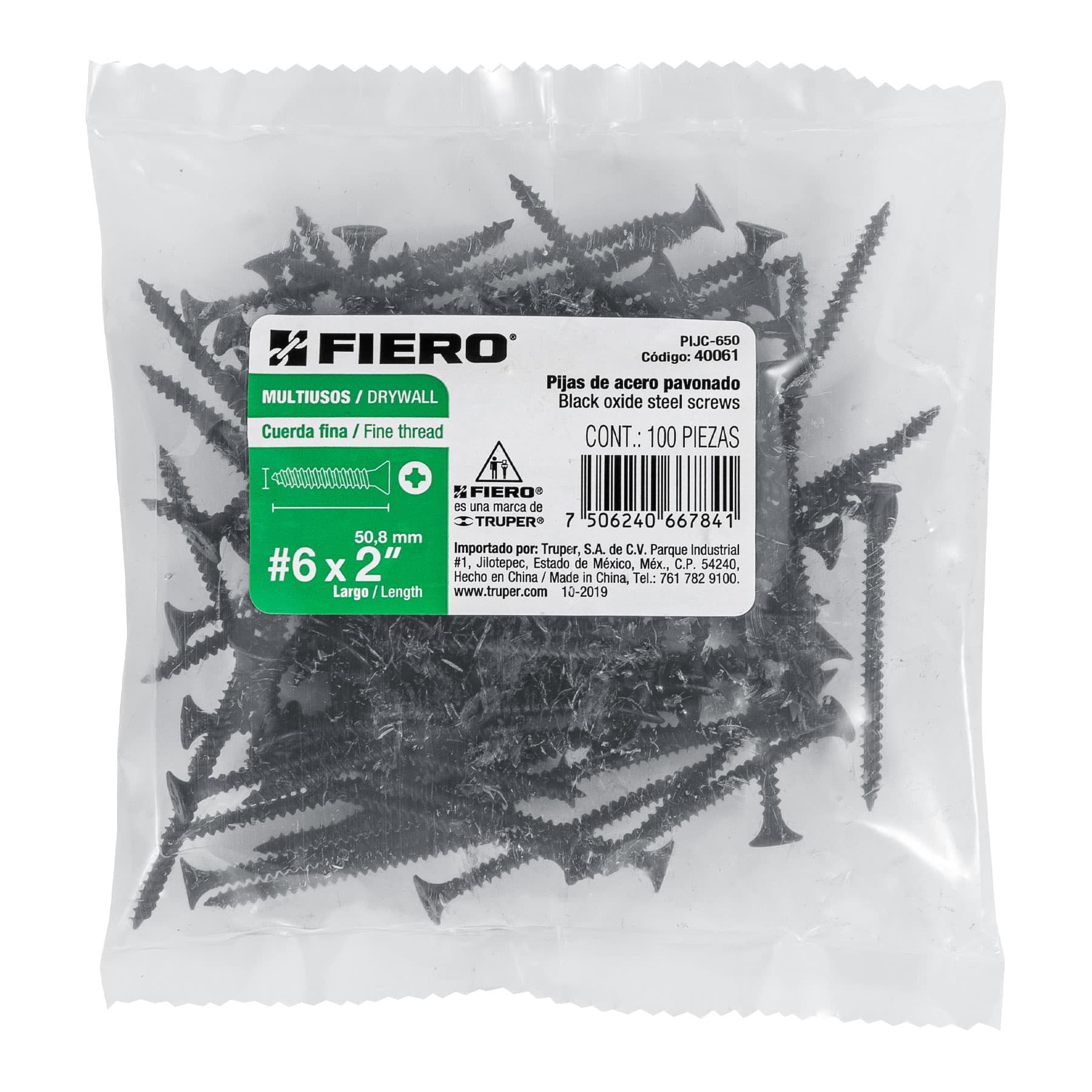 Fiero PIJC-650 Bolsa con 100 pijas #6 x 2" multiusos cuerda cerrada