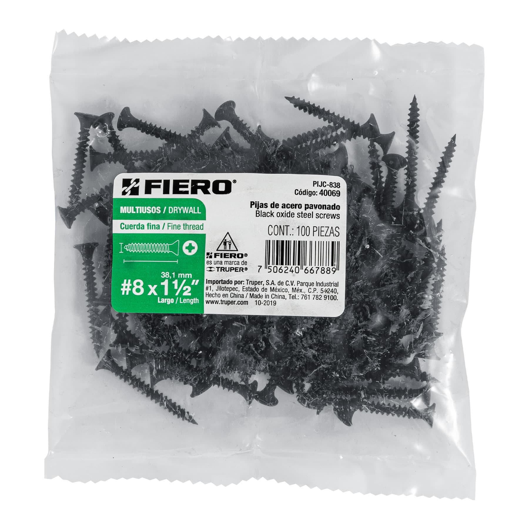 Fiero PIJC-838 Bolsa con 100 pijas #8 x 1-1/2" multiusos cuerda cerrada