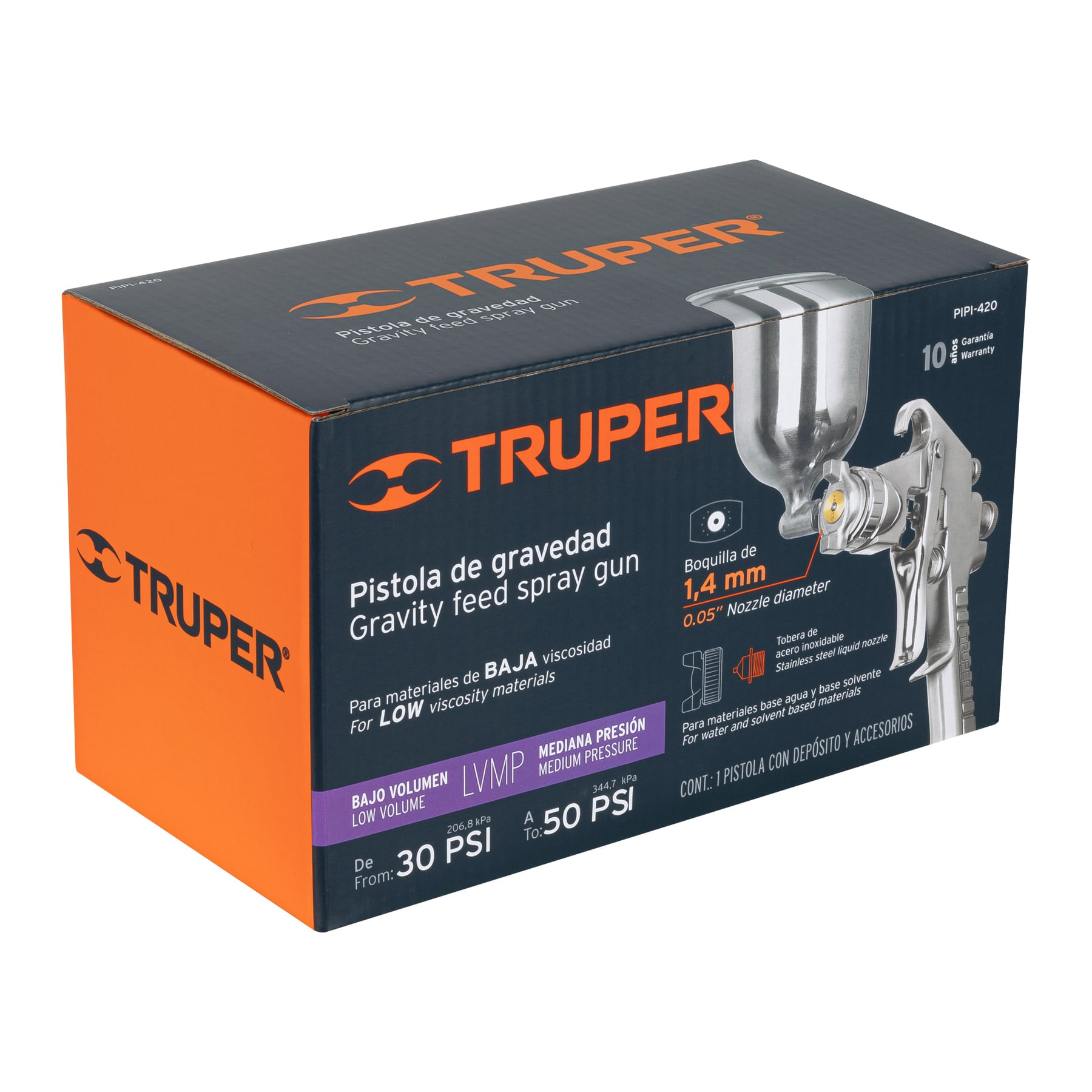 Truper PIPI-420 Pistola p/pintar gravedad LVMP, vaso aluminio, boq 1.4 mm