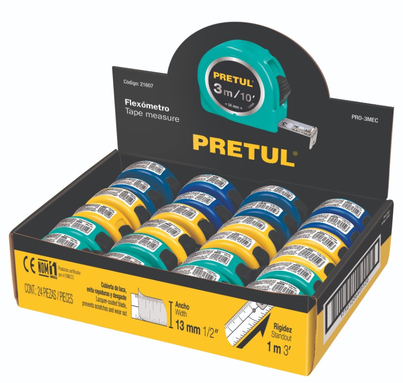 Flexómetros 3 m en Display Box (24 Piezas) - Pretul PRO-3MEC