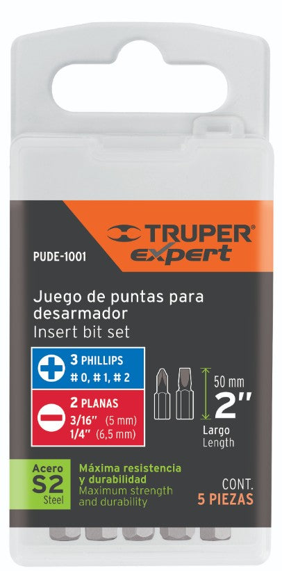 Expert PUDE-1001 Juego puntas combinadas, 2', p/desarmador, 5 piezas,Expert