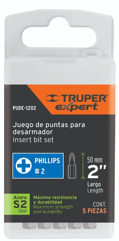 Expert PUDE-1202 Puntas Phillips #2, 2', estuche con 5 piezas, Expert