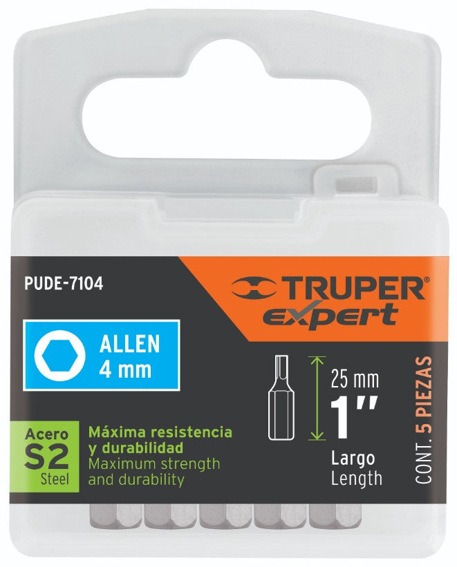 Expert PUDE-7104 Puntas hexagonales 4mm, 1', estuche con 5 piezas, Expert