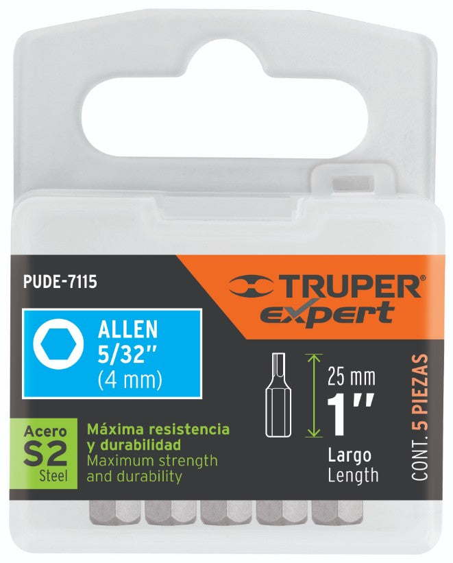 Expert PUDE-7115 Puntas hexagonales 5/32, 1', estuche con 5 piezas, Expert