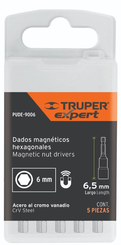 Expert PUDE-9006 Juego de dados magnéticos, 6 mm, 5 piezas, Truper Expert