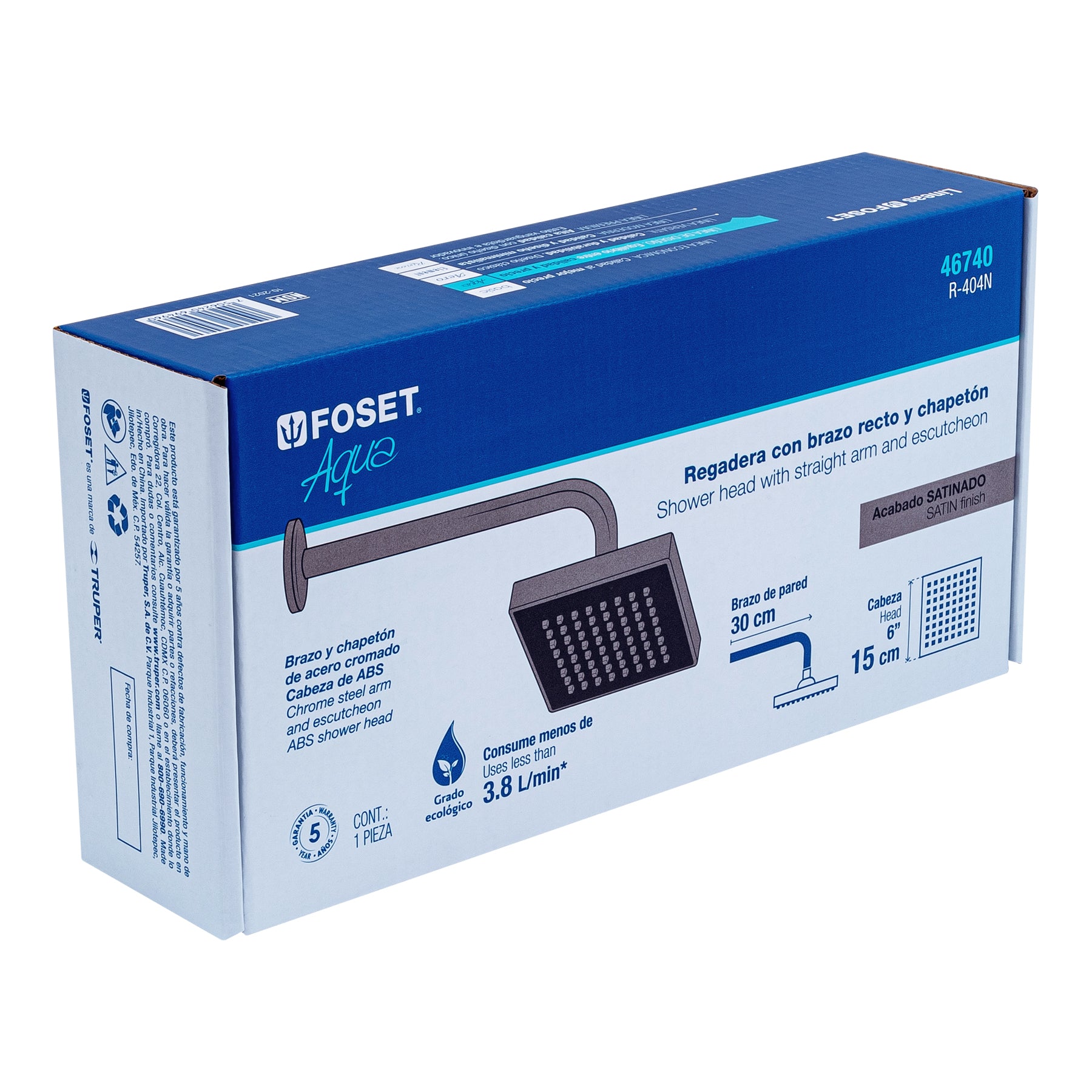 Foset R-404N Regadera cuadrada ABS 6' acabado satín con brazo