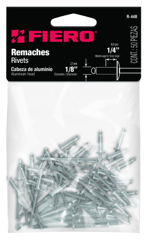 Fiero R-44B Caja con 10 bolsas de remaches con espiga, 1/8' x 1/4', (500 pzas en total)