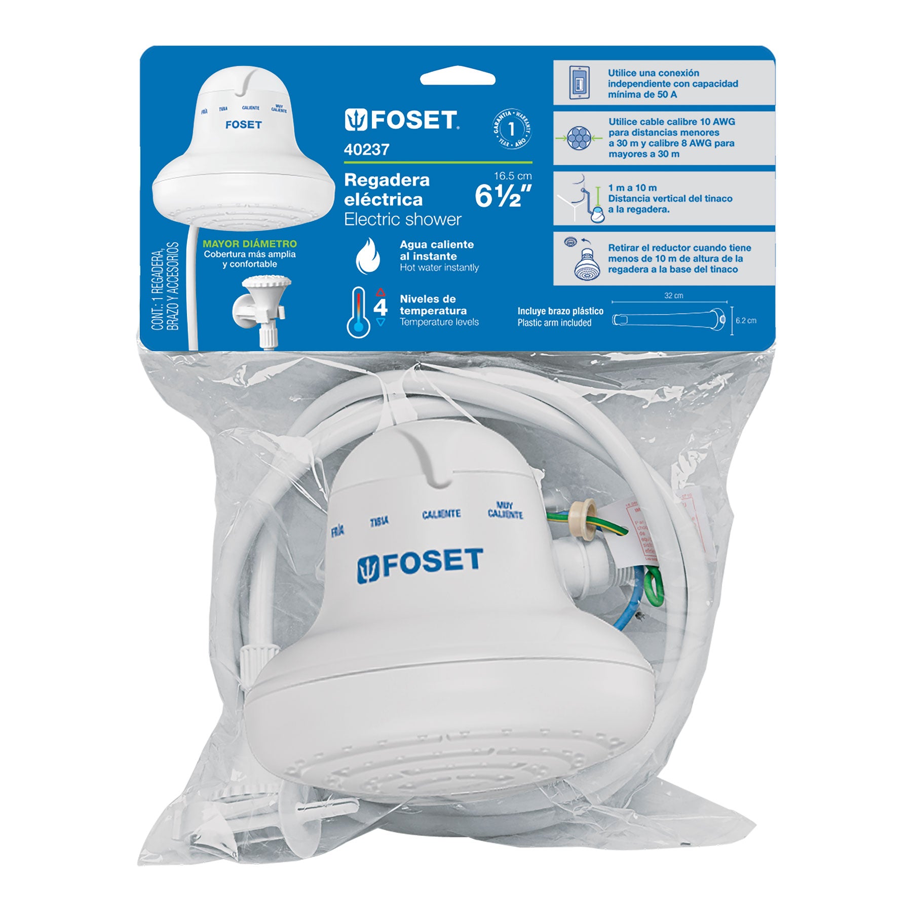 Foset REGEL-6 Regadera eléctrica de 4 temperaturas, 6-1/2', Blanca