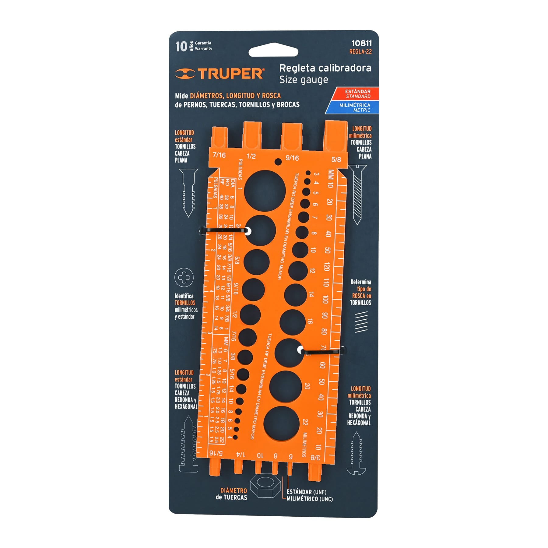 Truper REGLA-22 Regleta calibradora de tuercas y tornillos, 22 cm