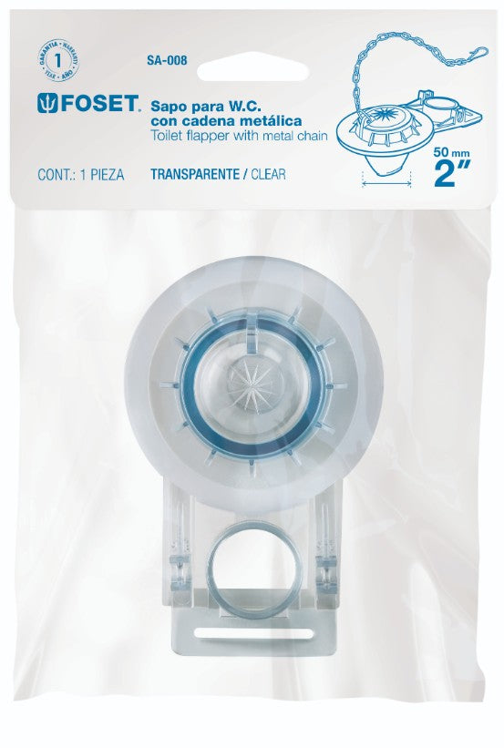 Foset SA-008 Sapo para WC de 2', PVC transparente con cadena inoxidable