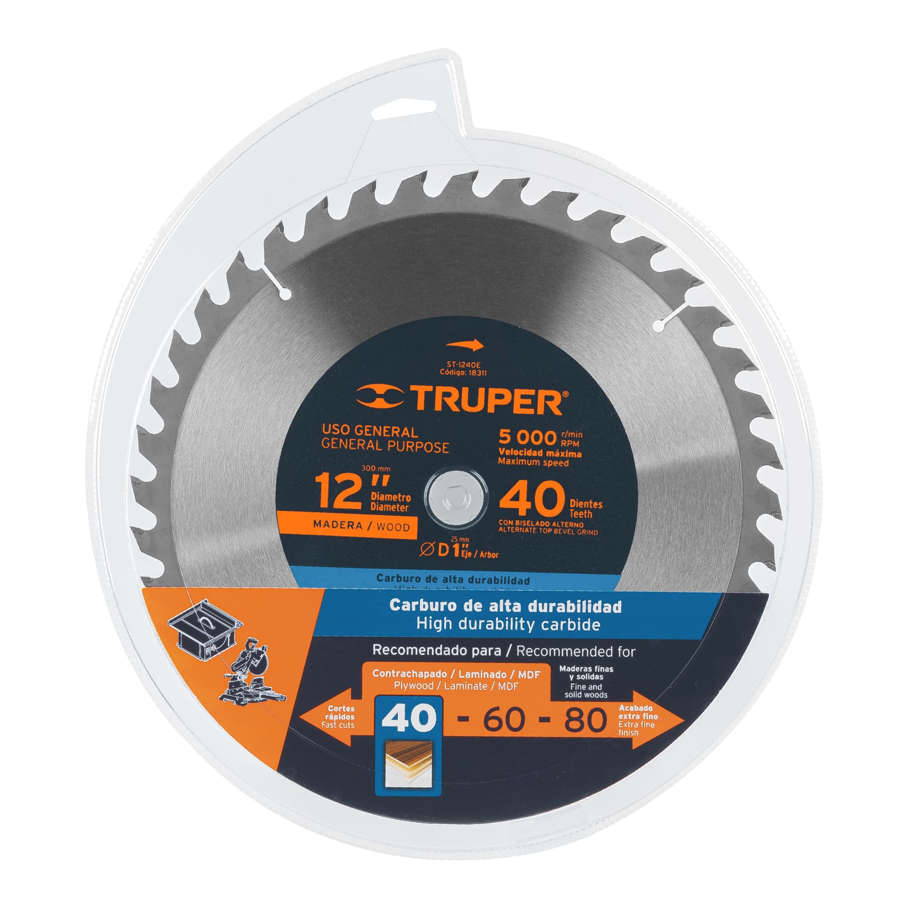 Truper ST-1240E Disco sierra 12' para madera, 40 dientes centro 1', Truper