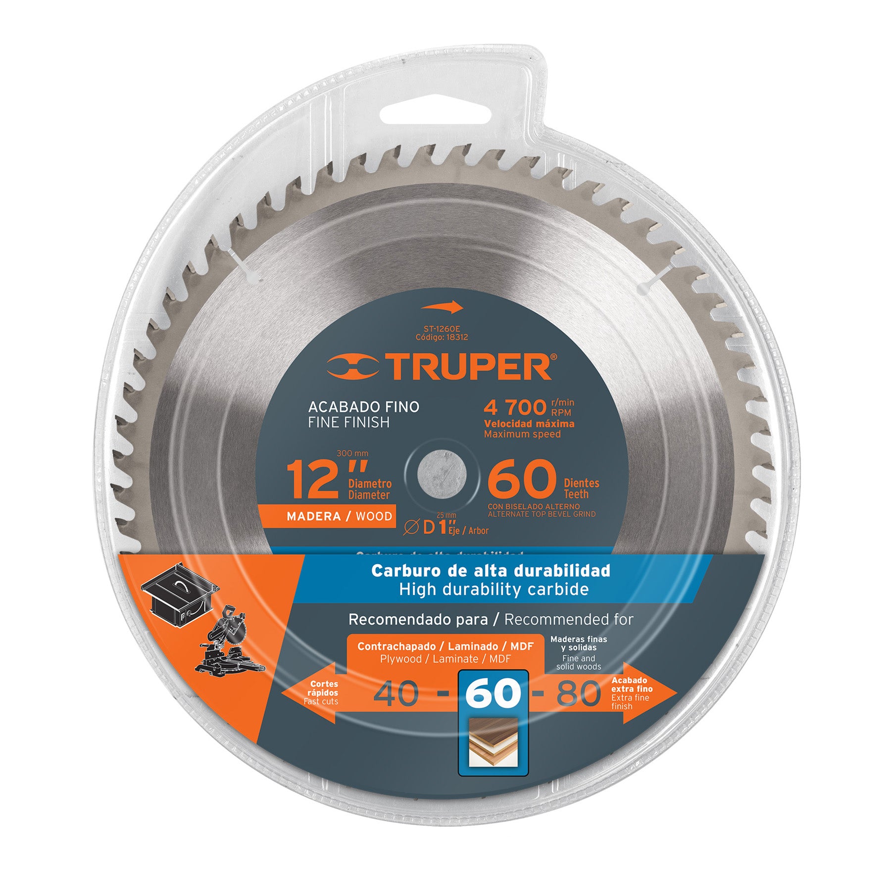 Truper ST-1260E Disco sierra p/madera 12', 60 dientes, centro 1'