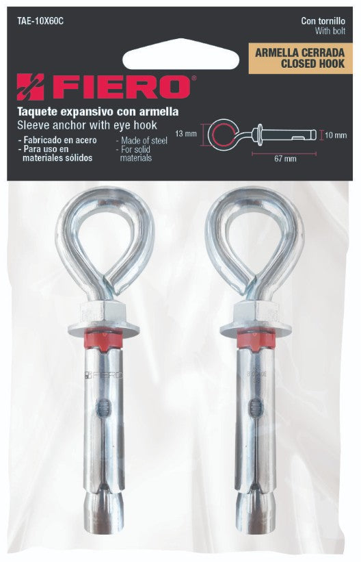 Fiero TAE-10X60C Taquete expansivo con armella cerrada, 10X60 mm,bolsa 4 pzas