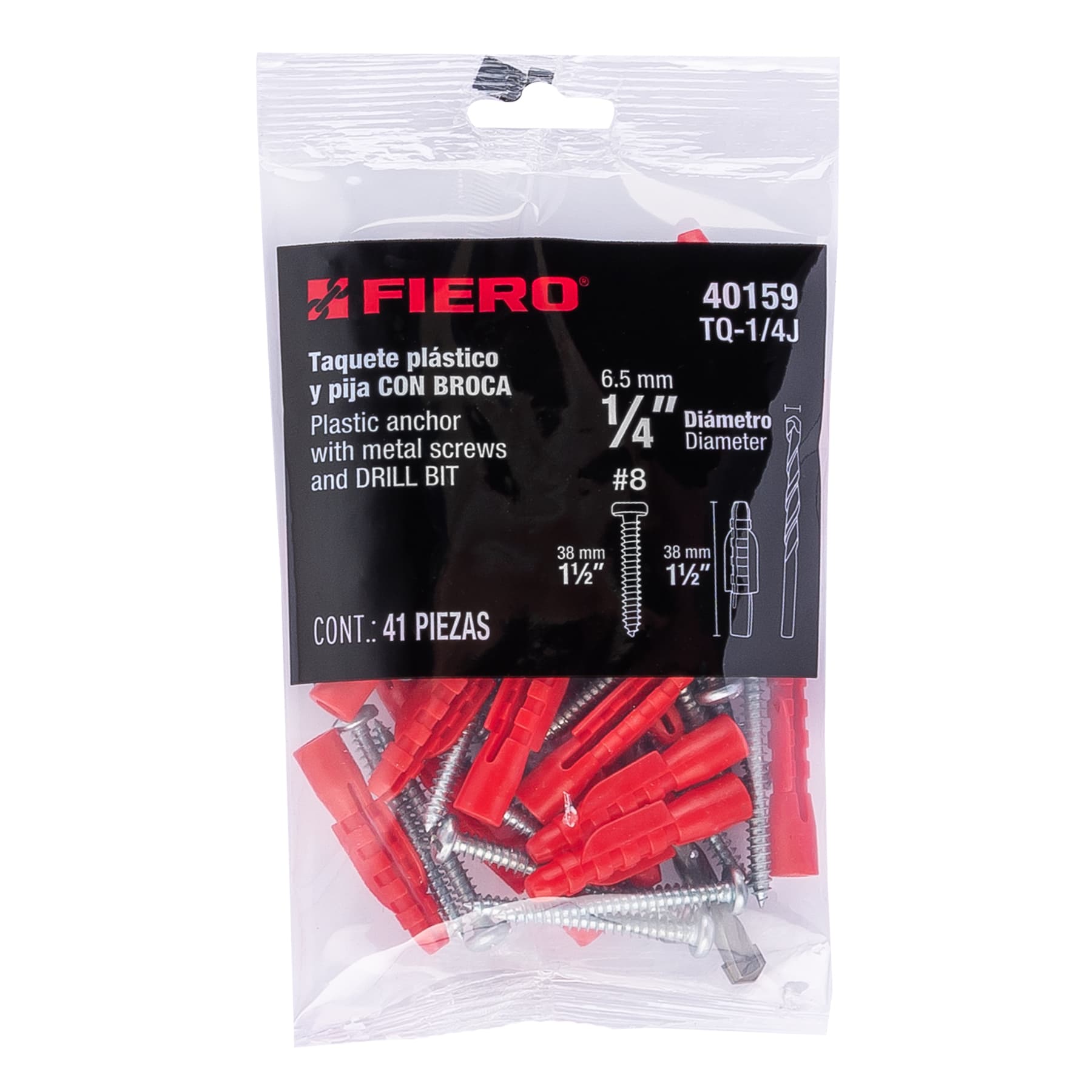 Fiero TQ-1/4J Kit de 20 taquetes 1/4' con pijas #8 y 1 broca 1/4', Fiero