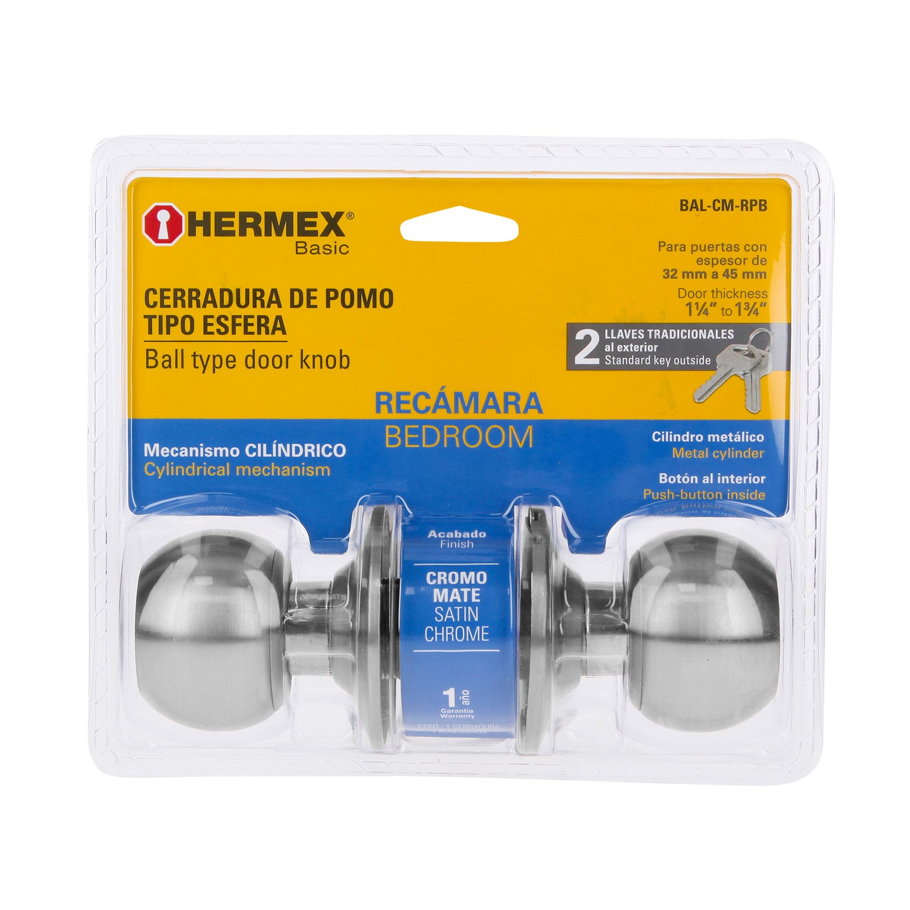 Hermex BAL-CM-RPB Cerradura esfera cilíndrico, recámara, cromo, blíster, Basic