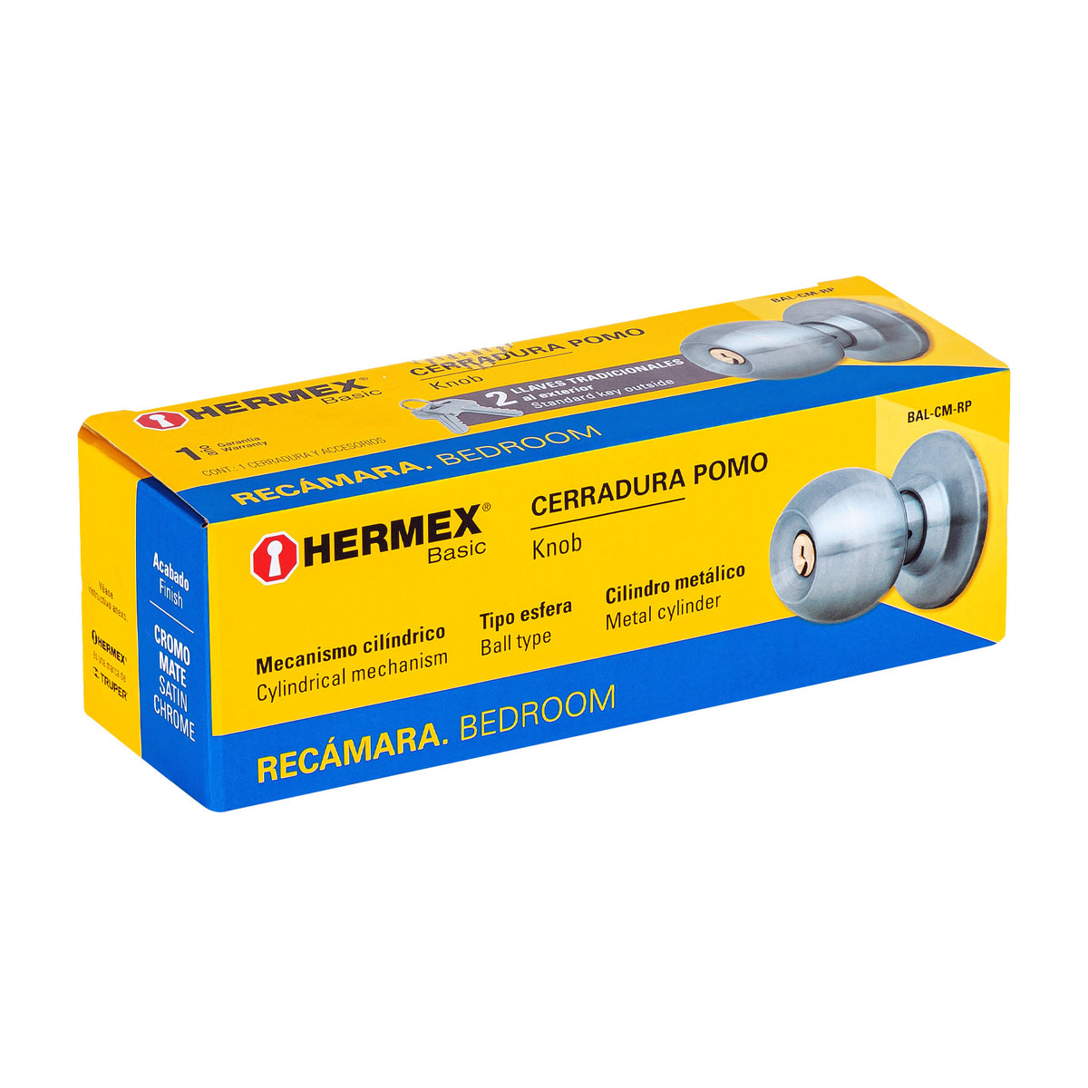 Hermex BAL-CM-RP Cerradura pomo, CM, recámara, cilíndrica, Hermex Basi ...