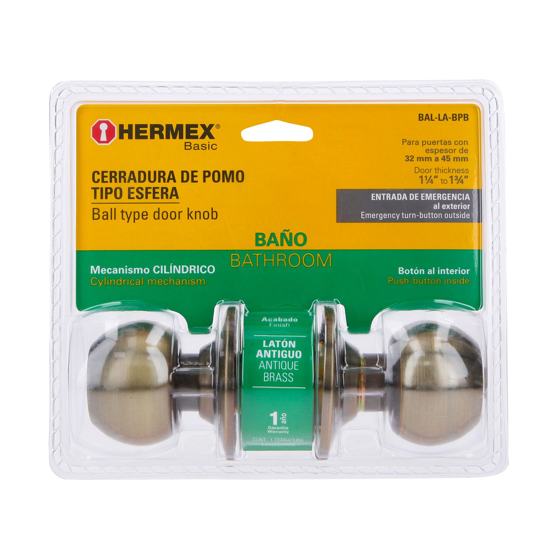 Hermex BAL-LA-BPB Cerradura esfera cilíndrico, baño, antiguo, blíster, Basic