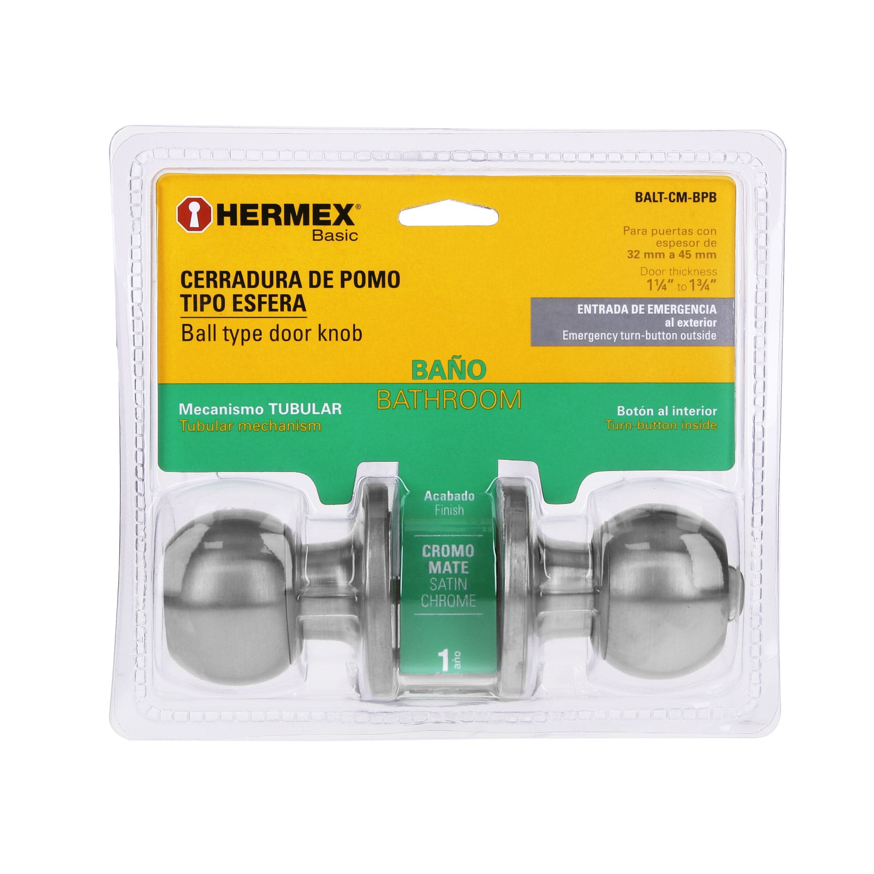 Hermex BALT-CM-BPB Cerradura esfera tubular, baño, cromo, blíster, Hermex Basic