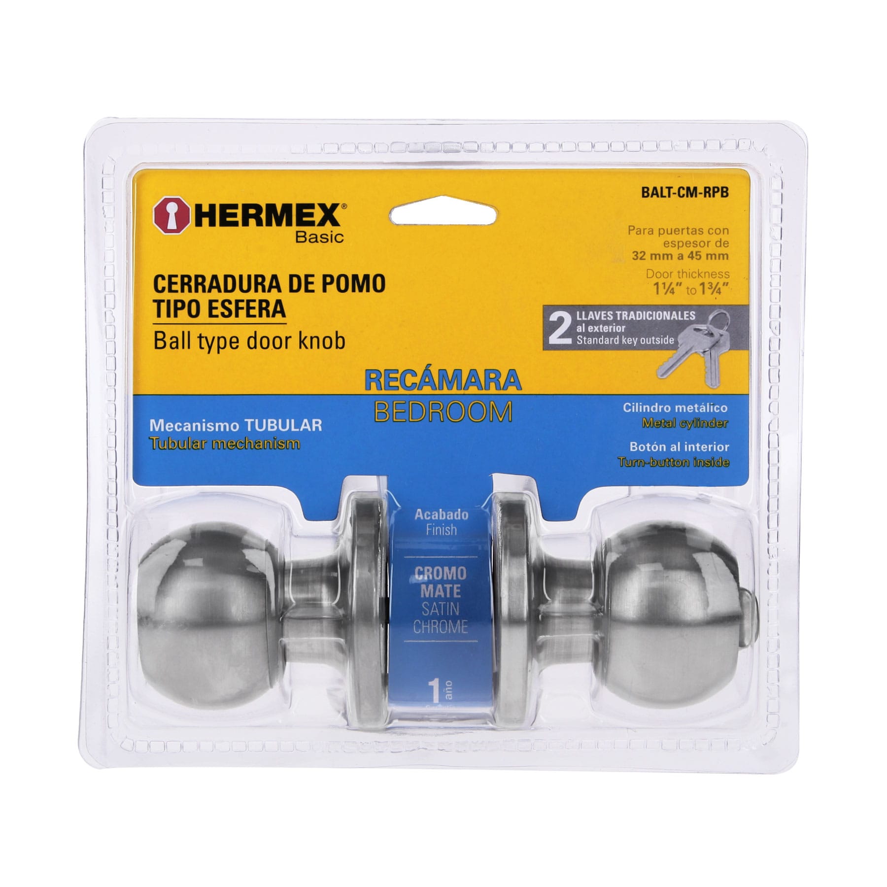 Hermex BALT-CM-RPB Cerradura esfera tubular, recámara, cromo, blíster, Basic