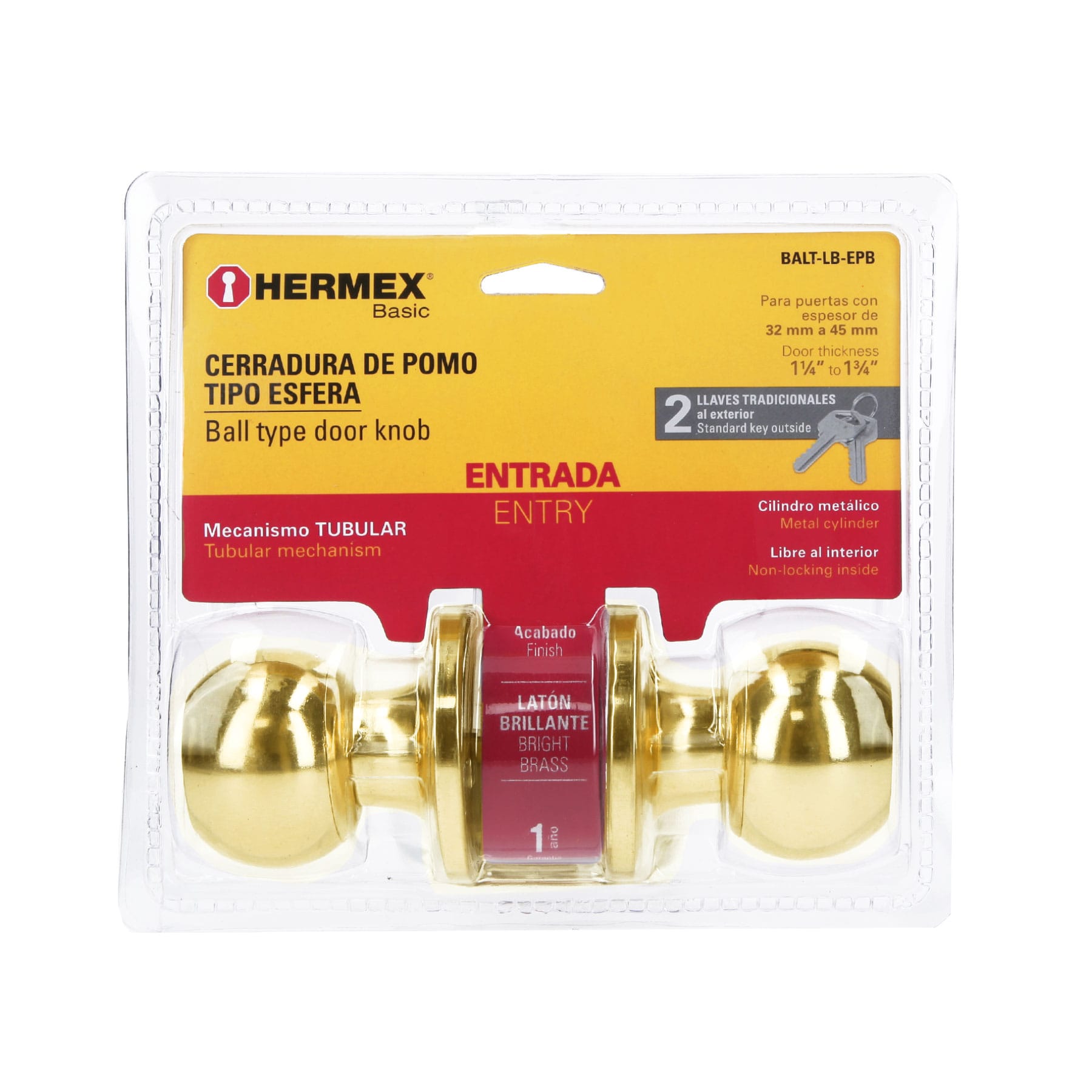 Hermex BALT-LB-EPB Cerradura esfera tubular, entrada, brillante, blíster, Basic