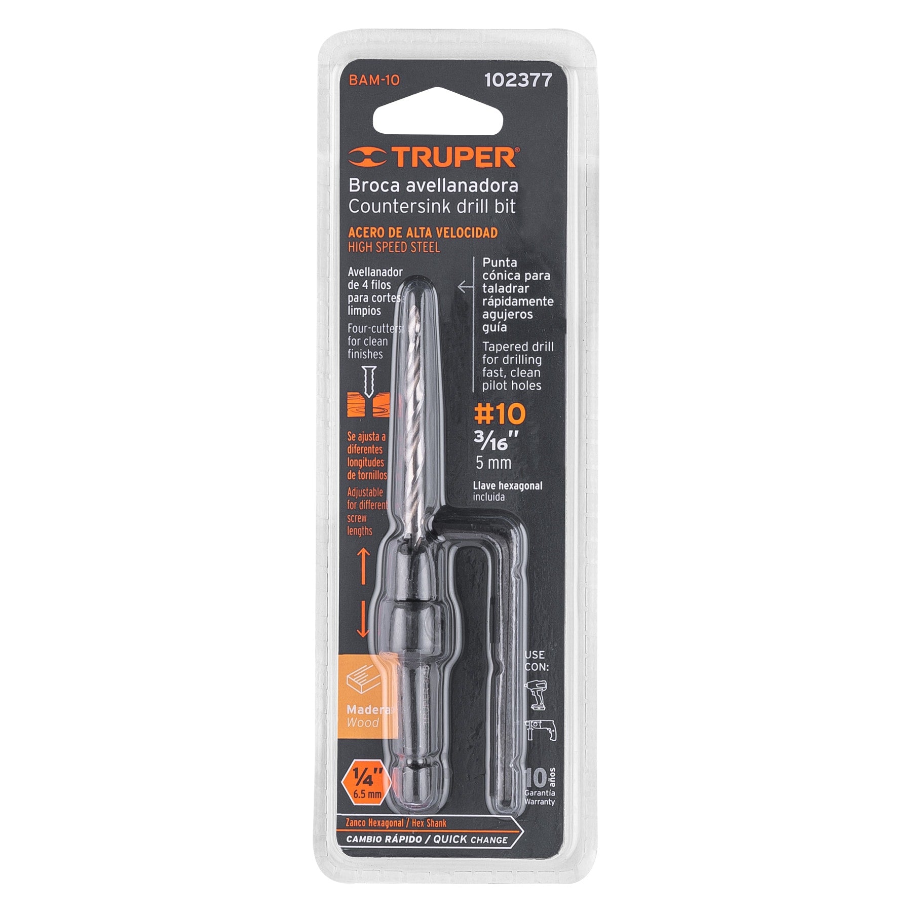 Truper BAM-10 Broca avellanadora #10 para madera, 3/16'