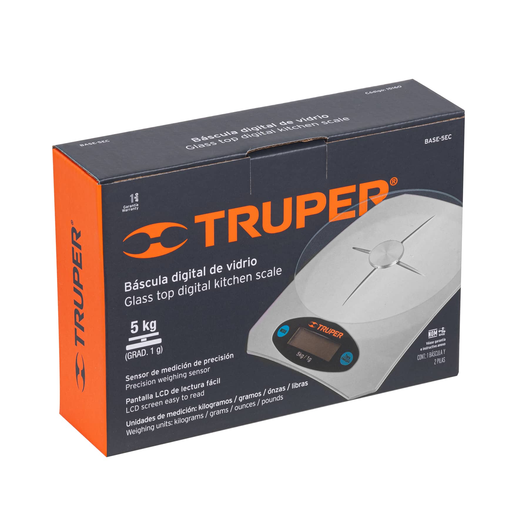 Truper BASE-5EC Báscula digital para cocina, 5 kg, plato de vidrio
