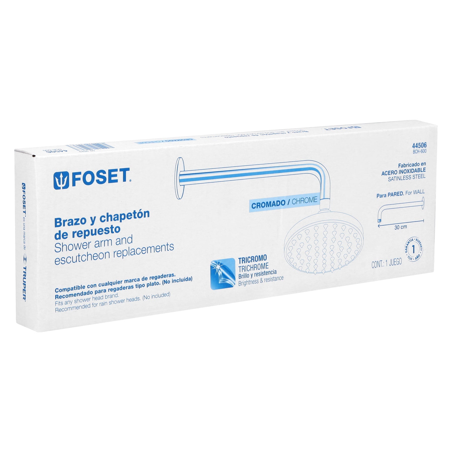 Foset BCH-600 Brazo recto con chapetón para regadera, 30 cm, cromo