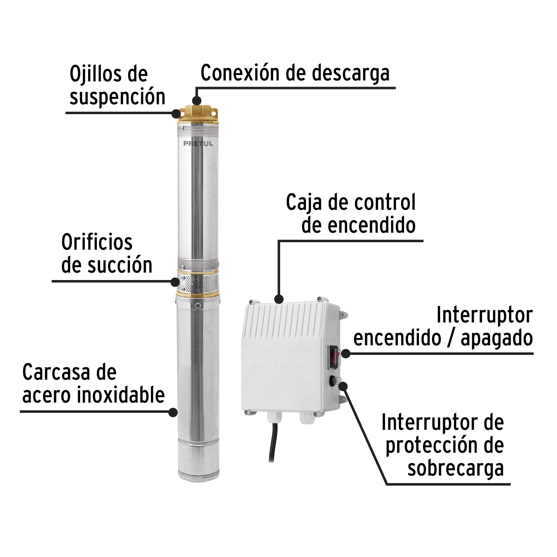 28202 BOS-1-1/2LMP Bomba sumergible tipo bala, 1-1/2HP, uso agrícola, PRETUL