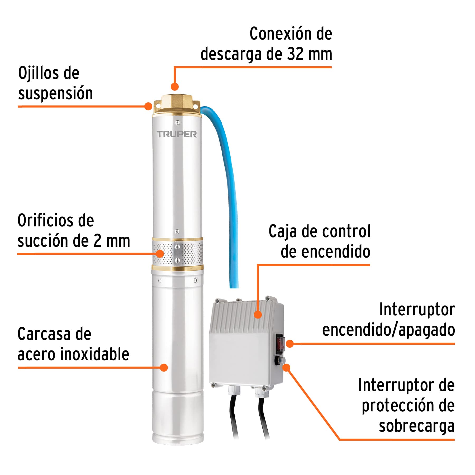 16933 BOS-1/2LM2 Bomba sumergible tipo bala, 1/2HP, uso agrícola, TRUPER