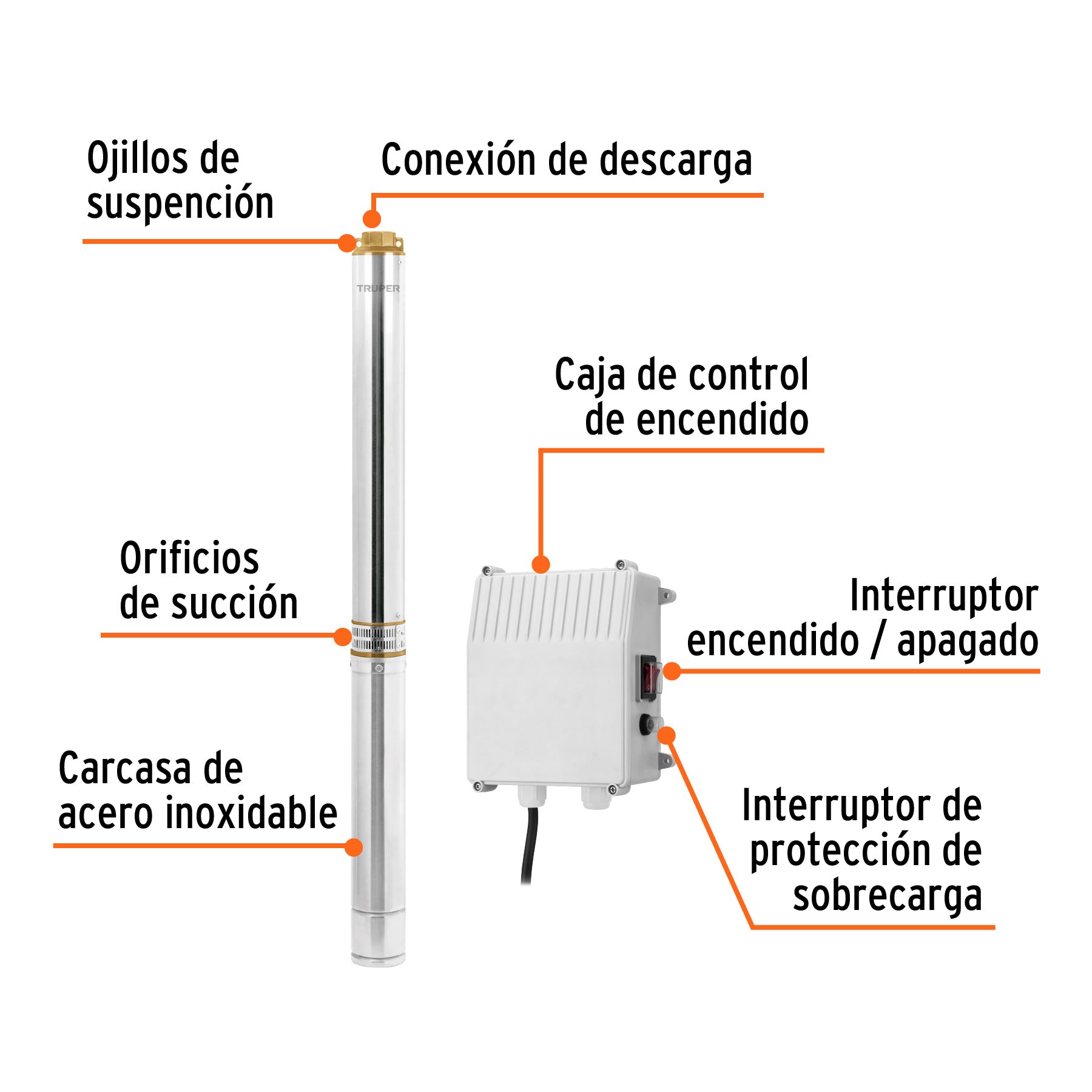 102978 BOS-3LM-2 Bomba sumergible tipo bala, 3HP, uso agrícola, 220V, TRUPER