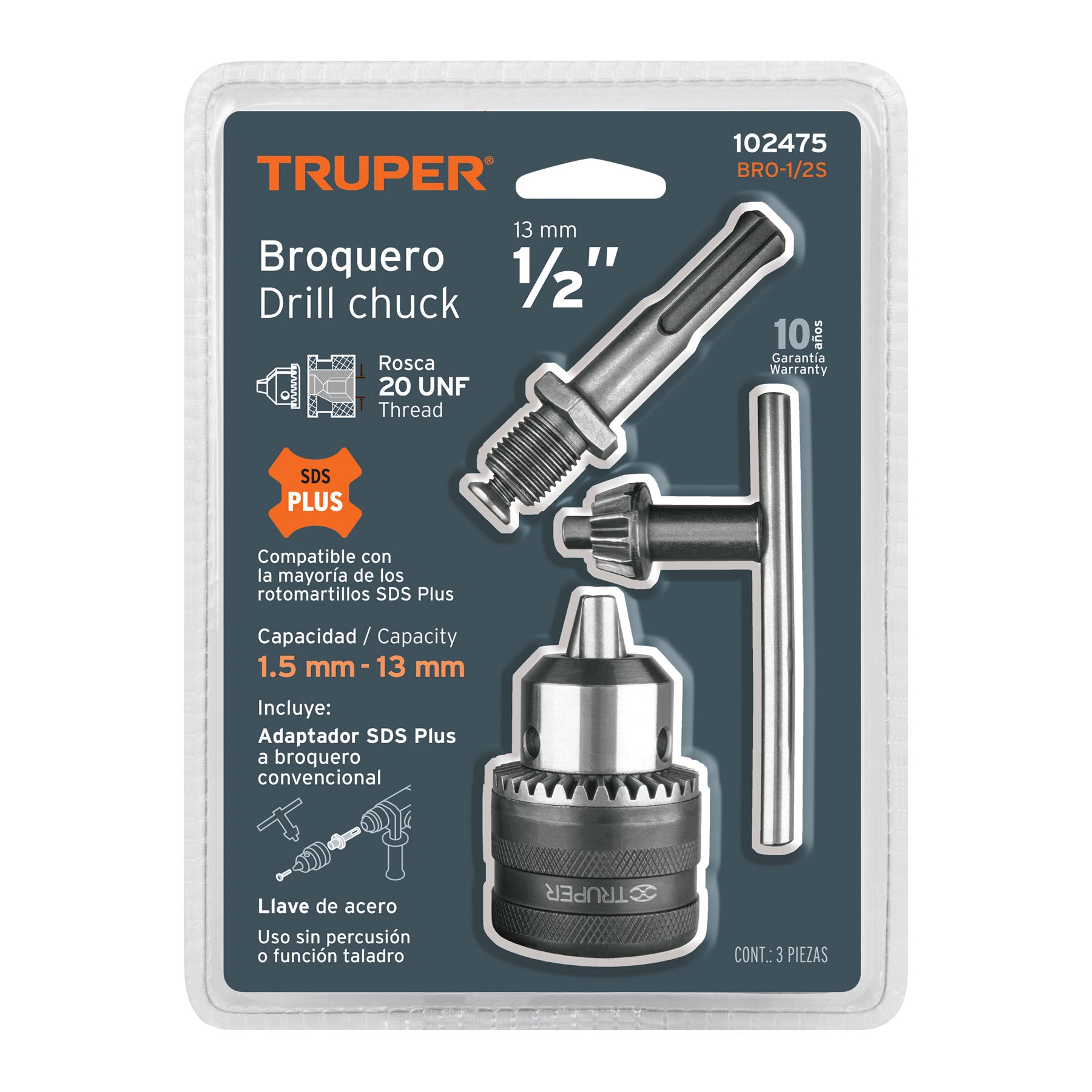 Truper BRO-1/2S Broquero con llave, 1/2' con adaptador SDS Plus