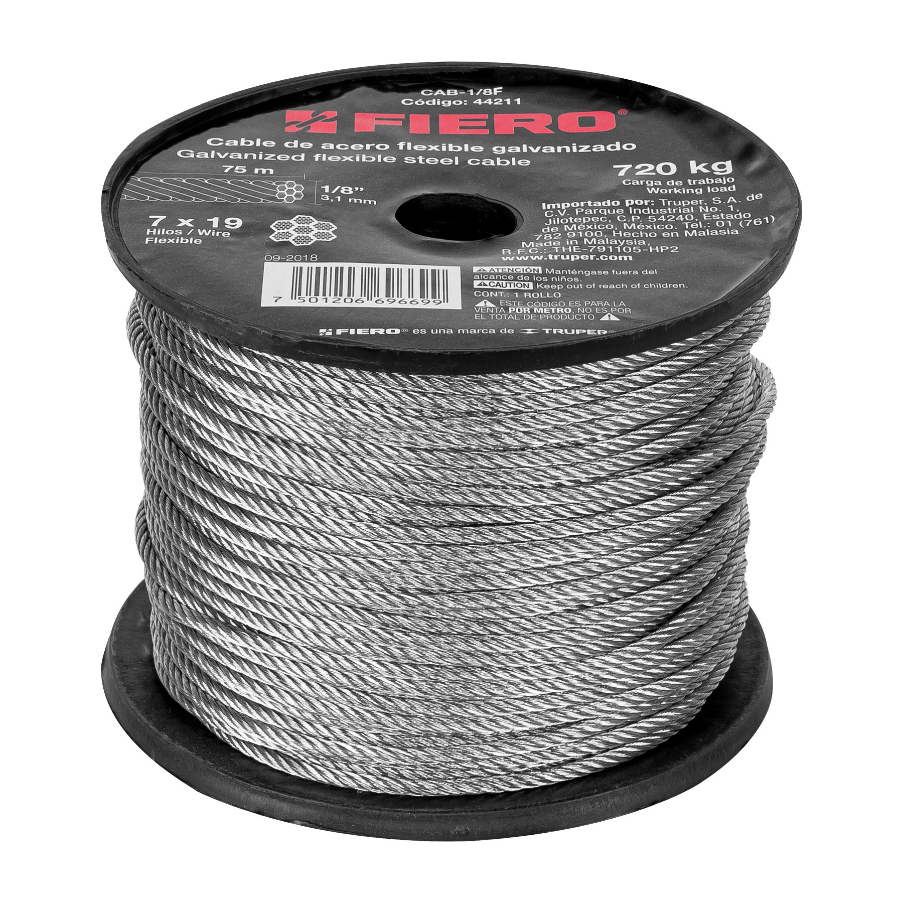 Fiero CAB-1/8F Cable flexible 1/8' de acero 7x19 hilos, 75 m